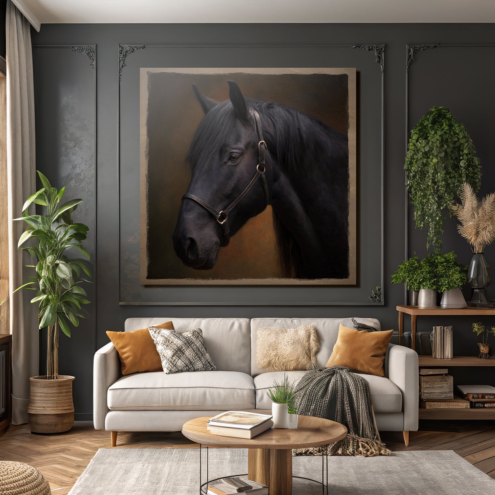 Schwarzes Pferd Portraet Halfter Kunstvolle Hintergrund