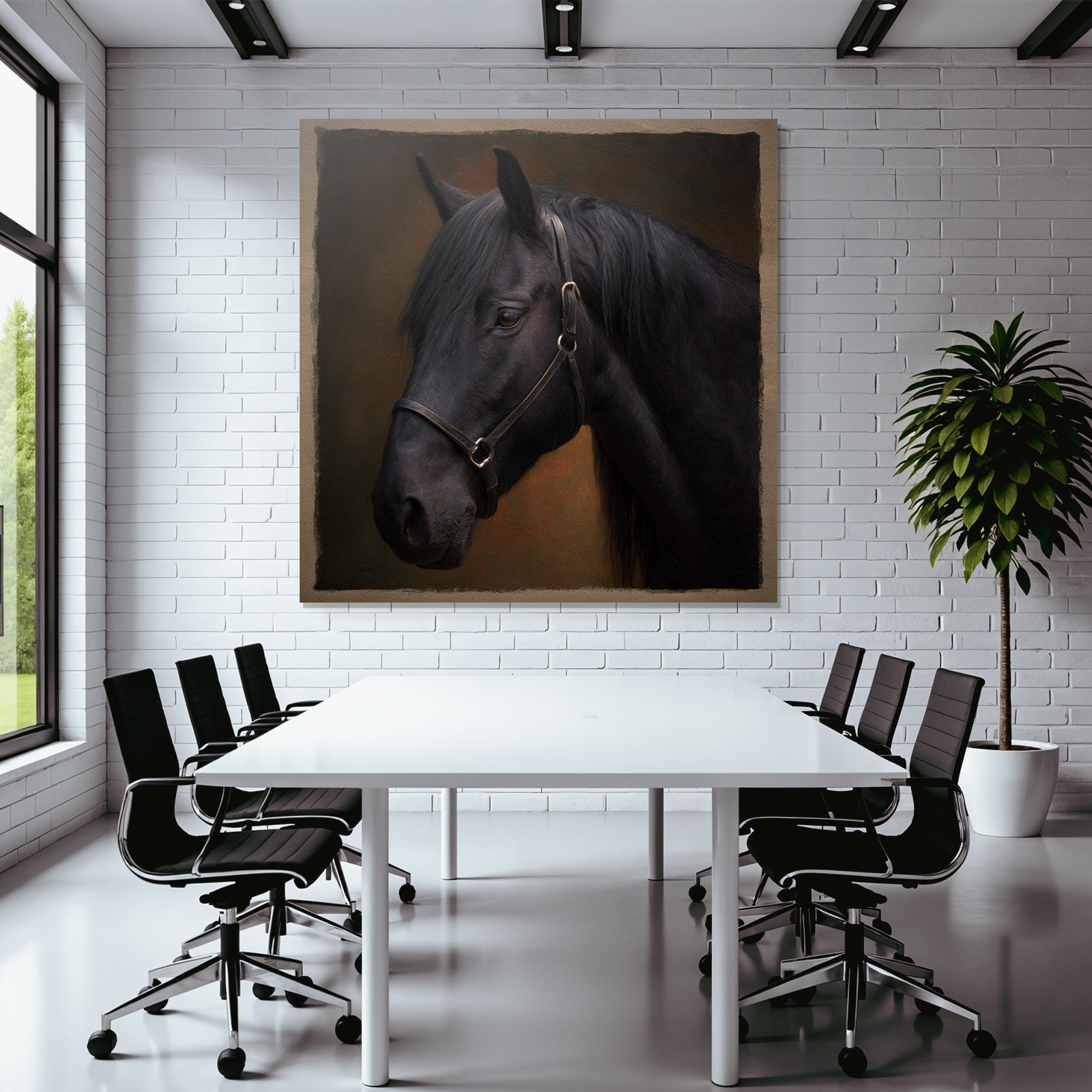 Schwarzes Pferd Portraet Halfter Kunstvolle Hintergrund