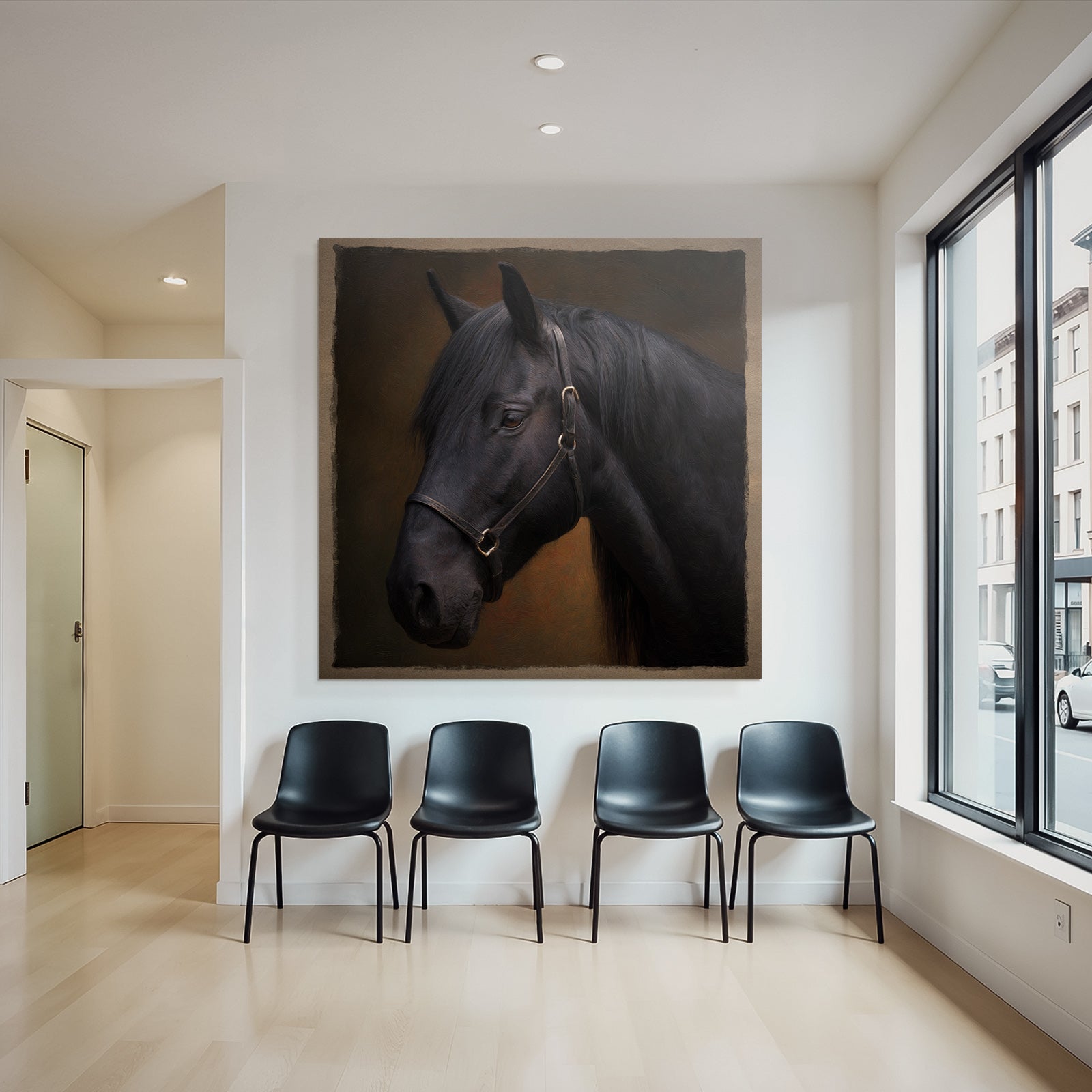 Schwarzes Pferd Portraet Halfter Kunstvolle Hintergrund