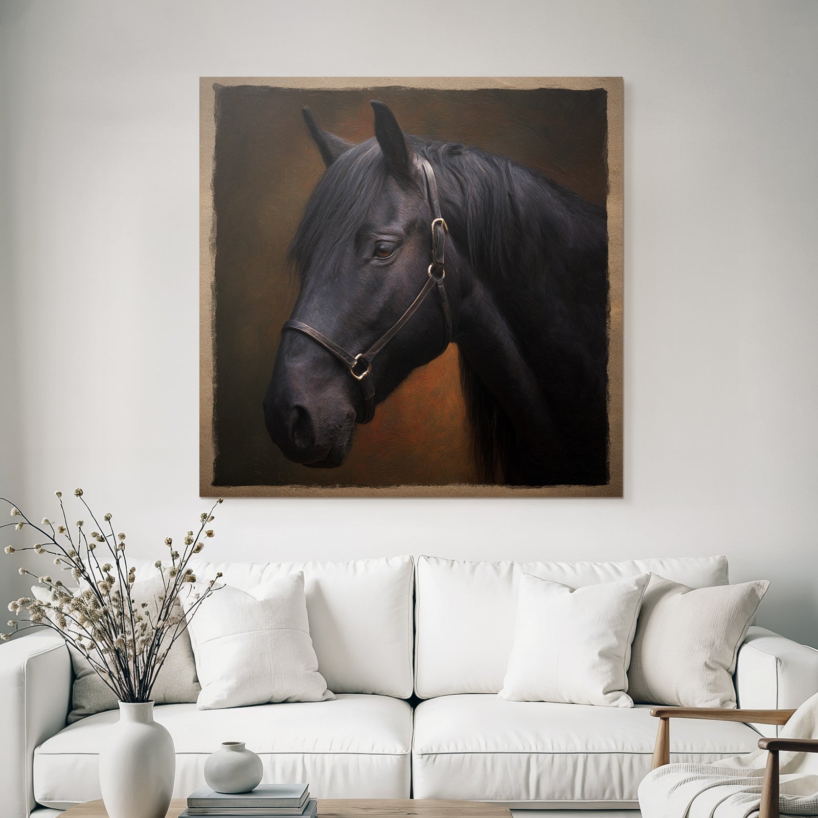 Schwarzes Pferd Portraet Halfter Kunstvolle Hintergrund