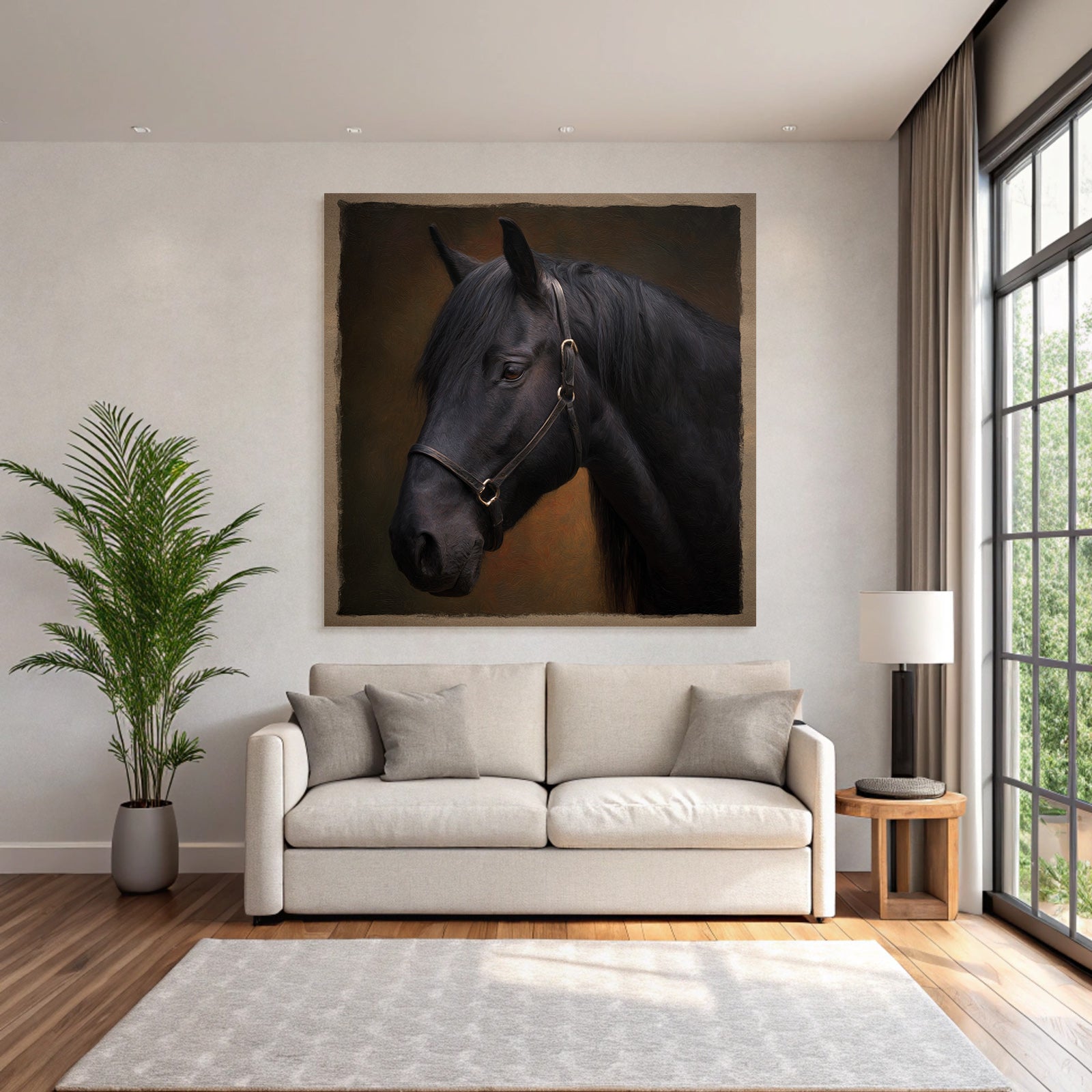 Schwarzes Pferd Portraet Halfter Kunstvolle Hintergrund