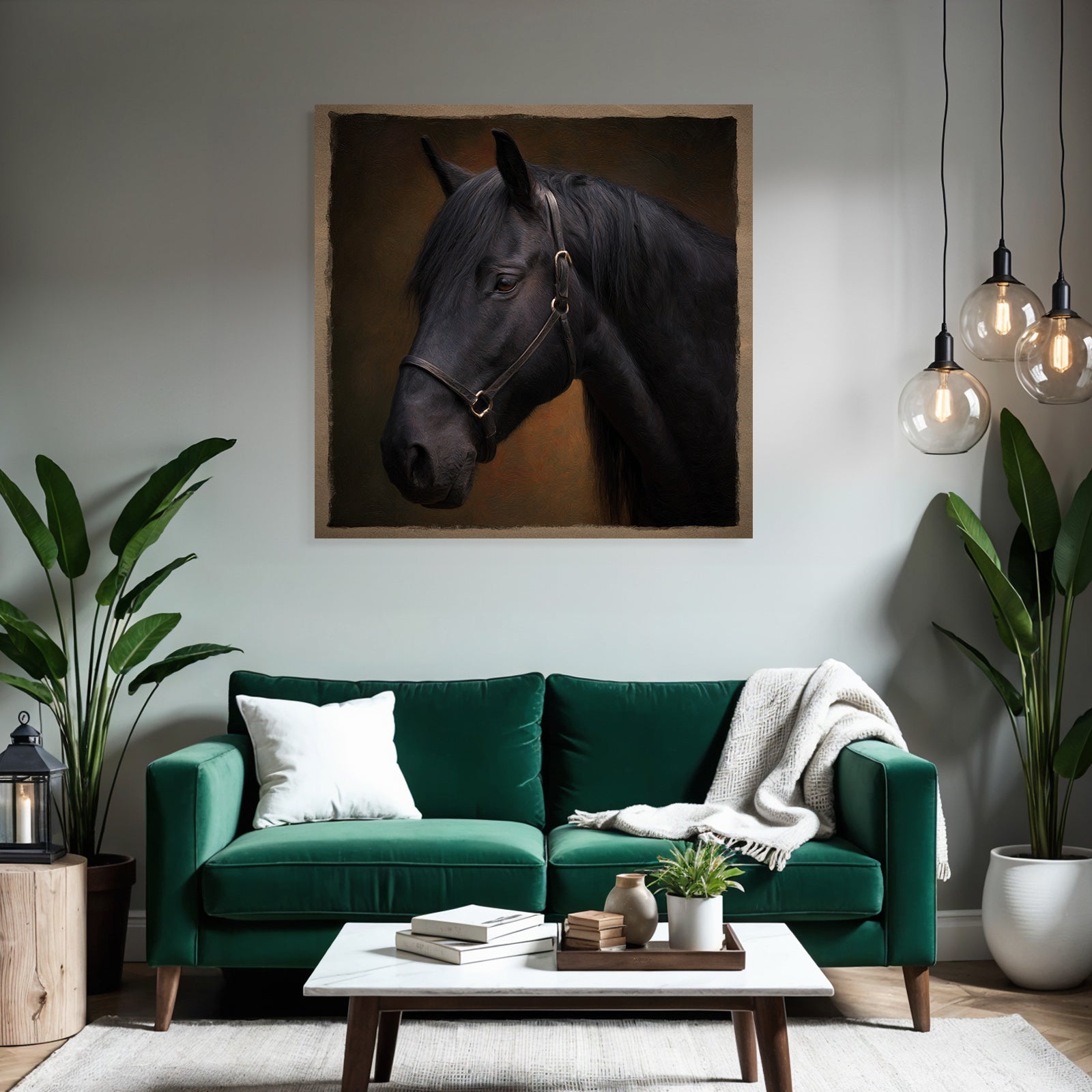 Schwarzes Pferd Portraet Halfter Kunstvolle Hintergrund