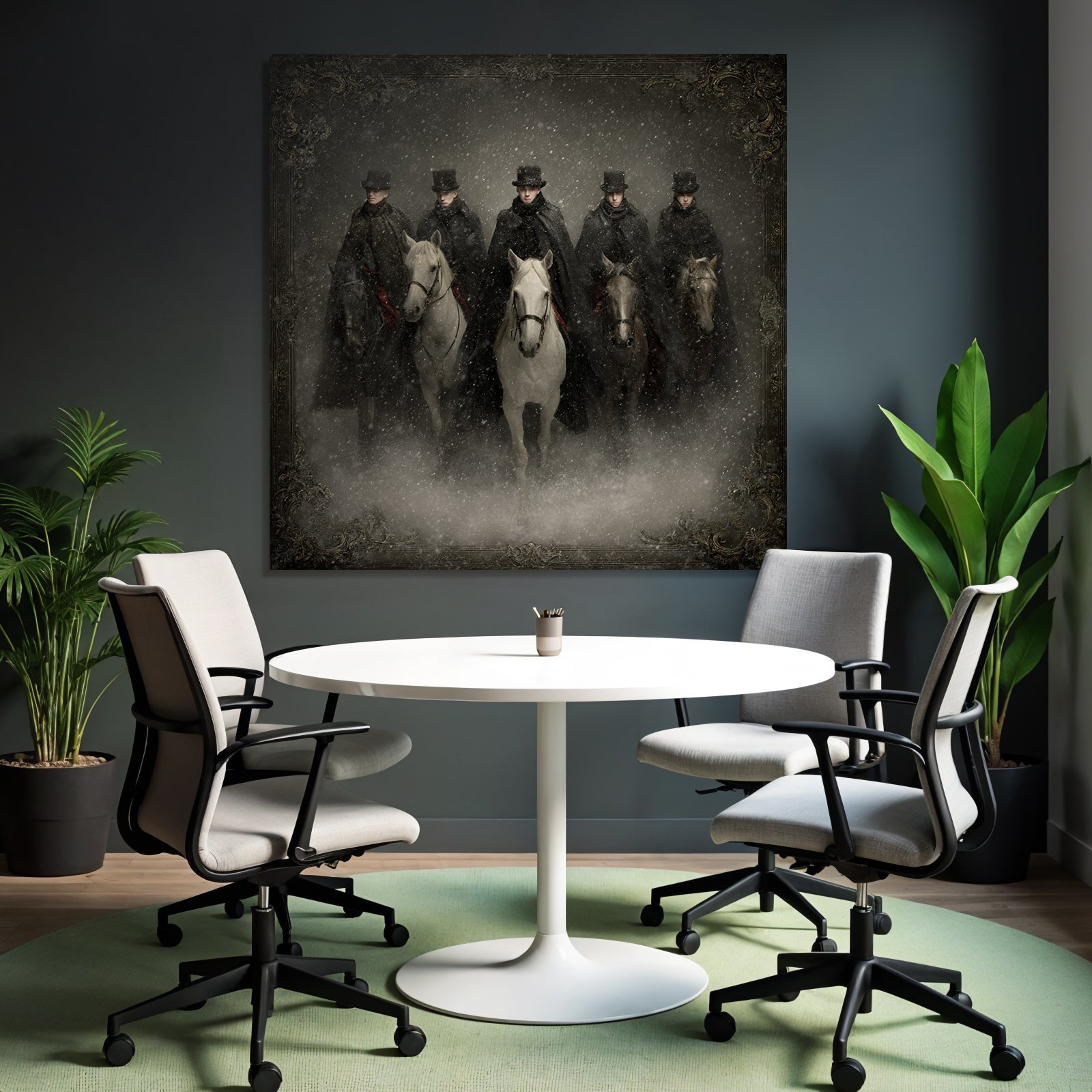 Sechs Reiter Im Schnee Mit Dunklen Maenteln Und Hueten