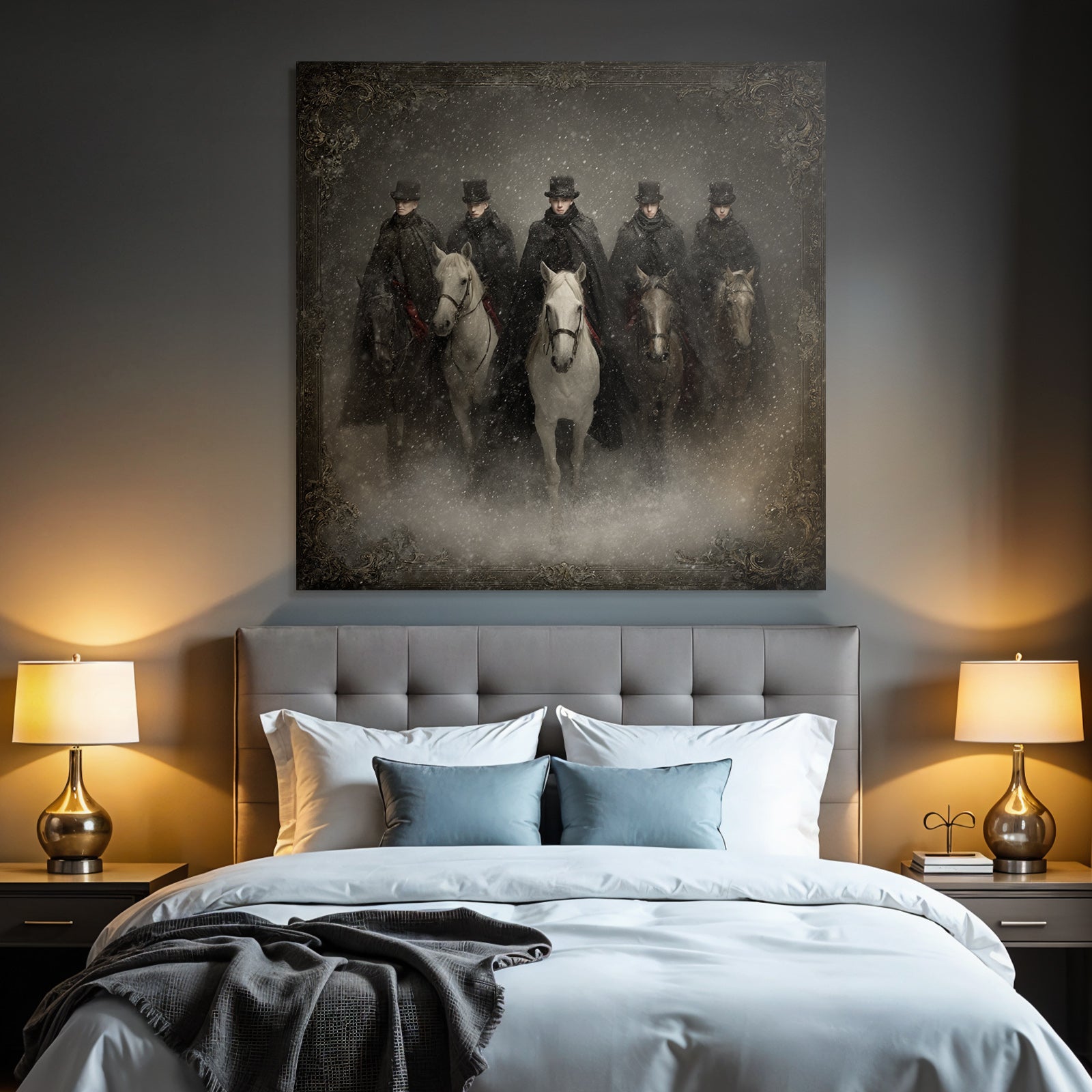 Sechs Reiter Im Schnee Mit Dunklen Maenteln Und Hueten