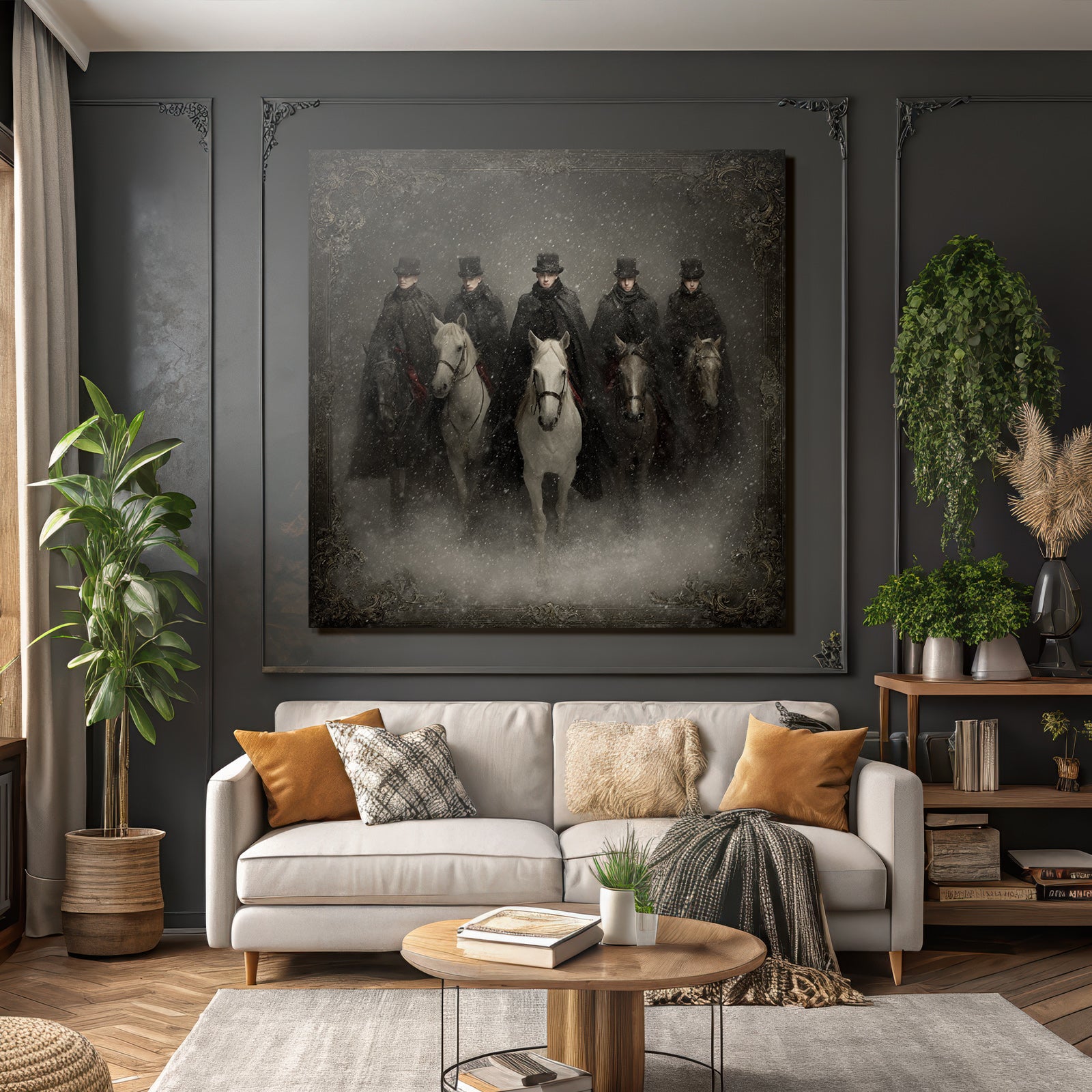 Sechs Reiter Im Schnee Mit Dunklen Maenteln Und Hueten