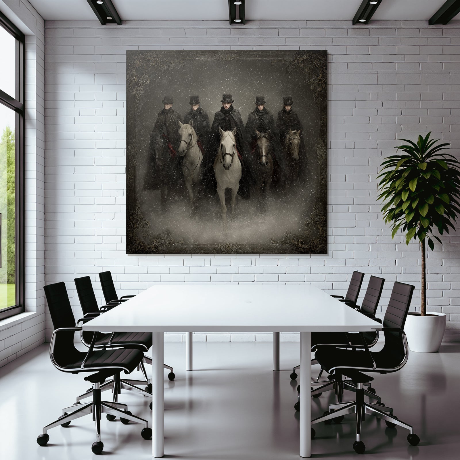 Sechs Reiter Im Schnee Mit Dunklen Maenteln Und Hueten