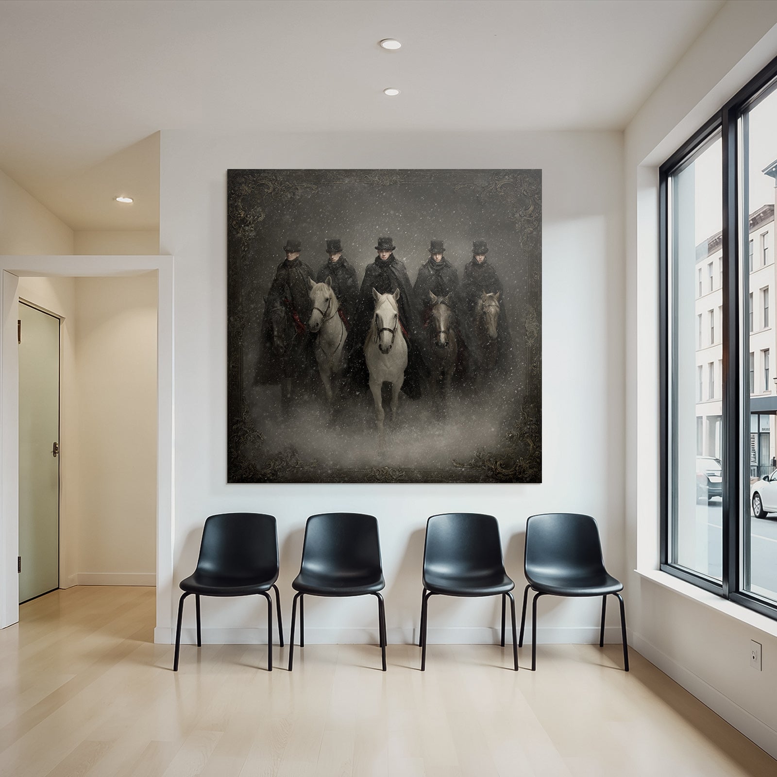 Sechs Reiter Im Schnee Mit Dunklen Maenteln Und Hueten