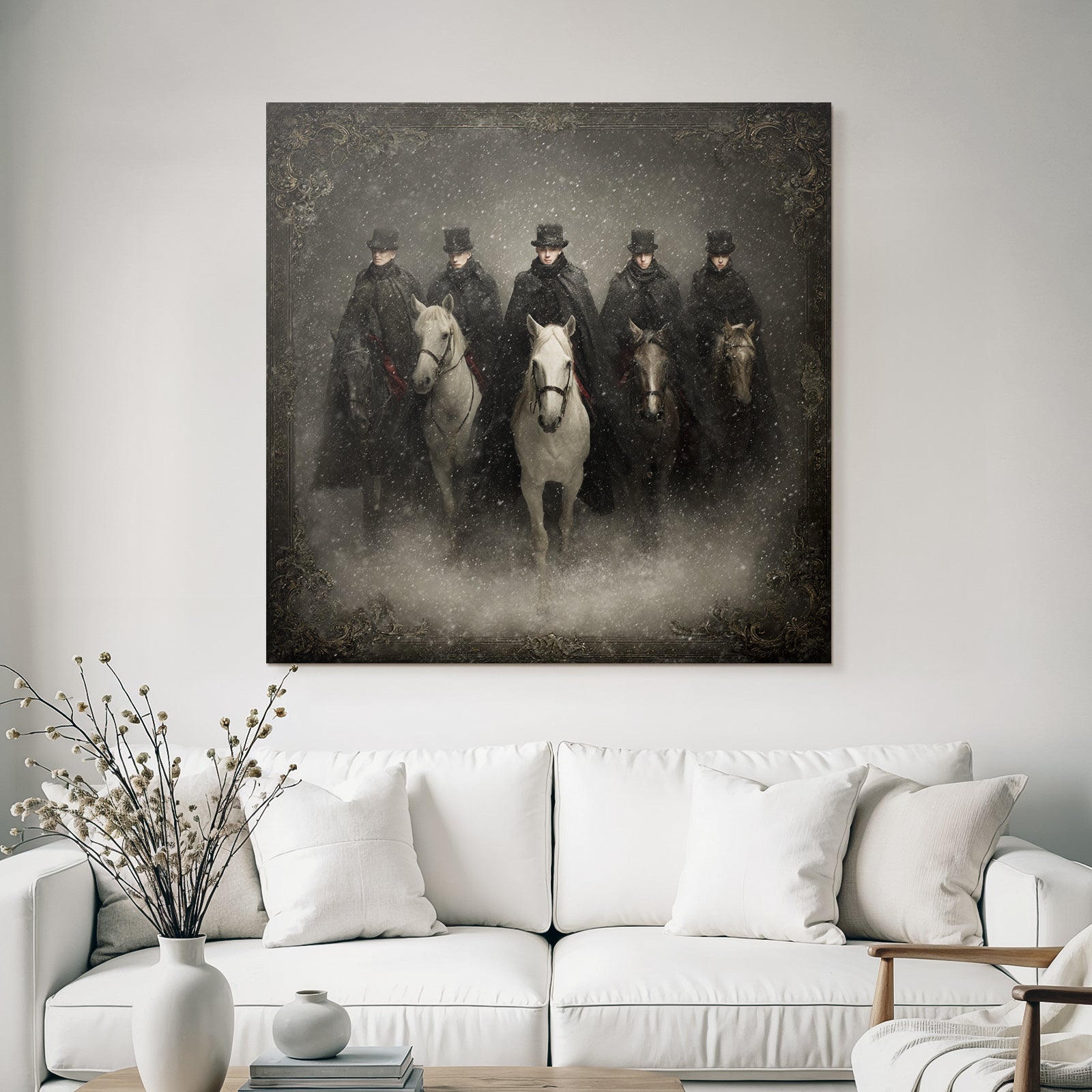 Sechs Reiter Im Schnee Mit Dunklen Maenteln Und Hueten