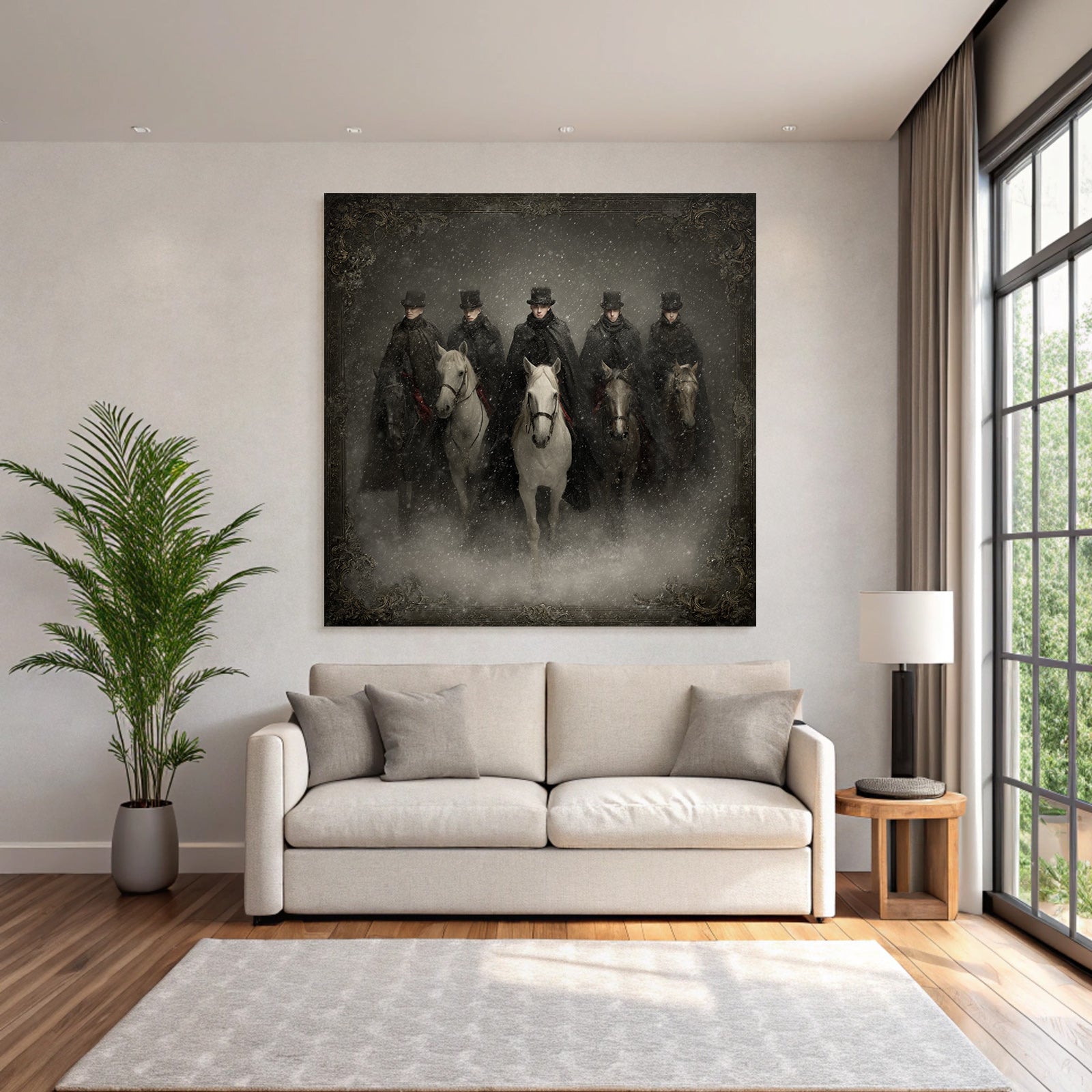 Sechs Reiter Im Schnee Mit Dunklen Maenteln Und Hueten