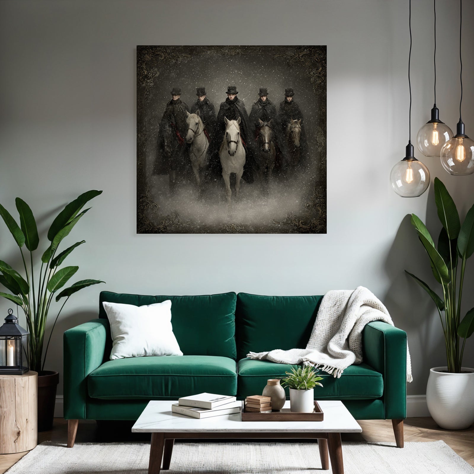 Sechs Reiter Im Schnee Mit Dunklen Maenteln Und Hueten