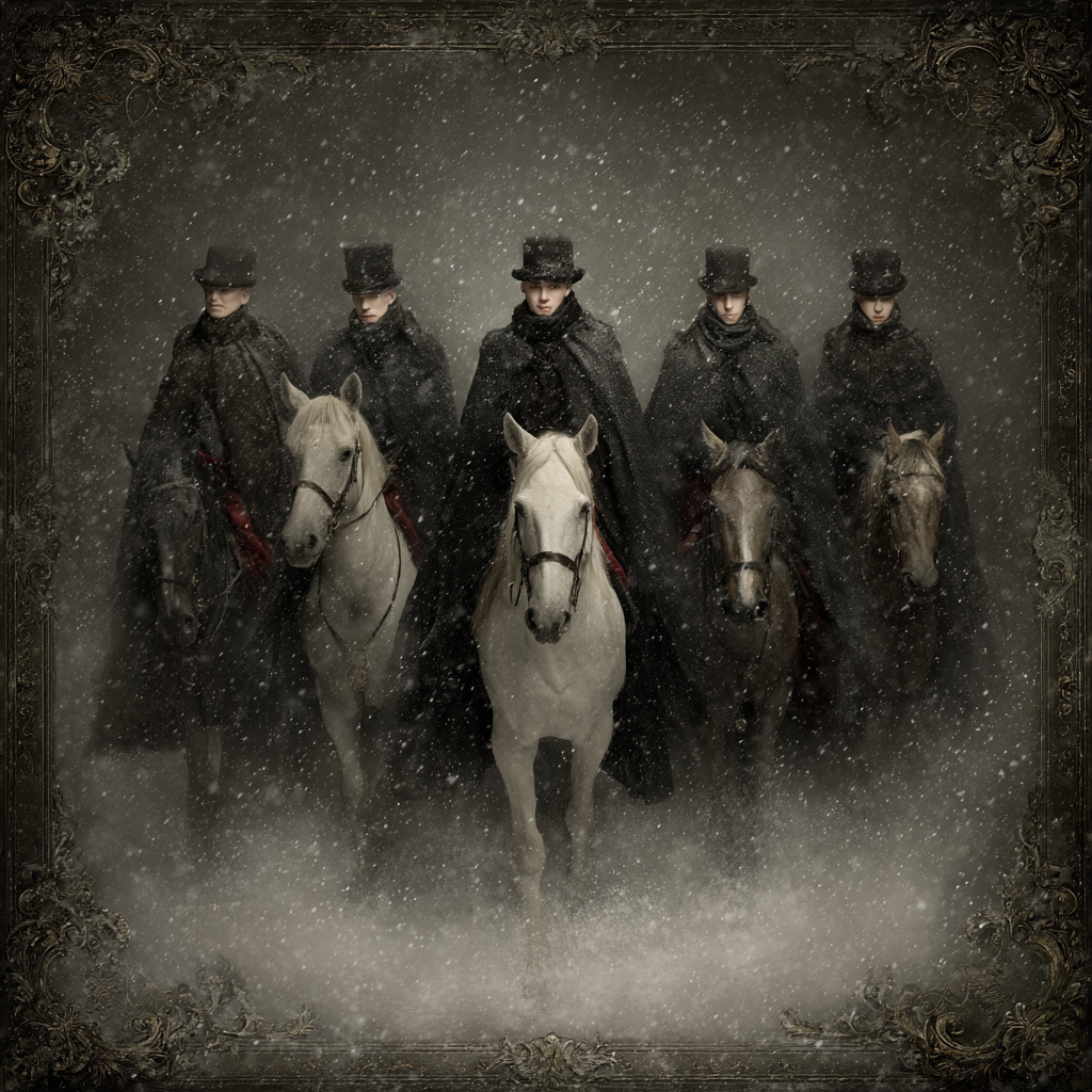 Sechs Reiter Im Schnee Mit Dunklen Maenteln Und Hueten | Klassisch | Einrichtungsstile