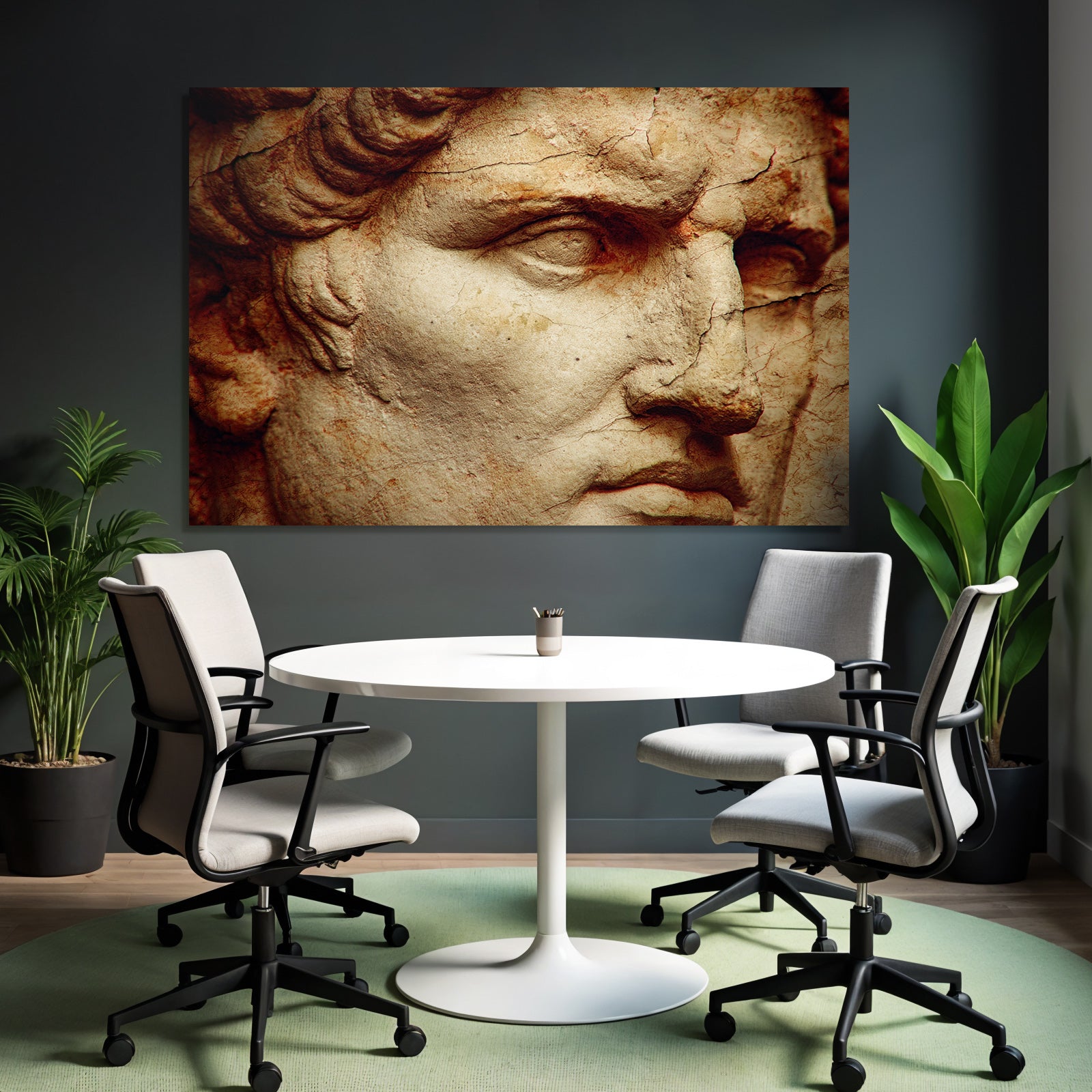 Sculpted face made of marble or stone close-up