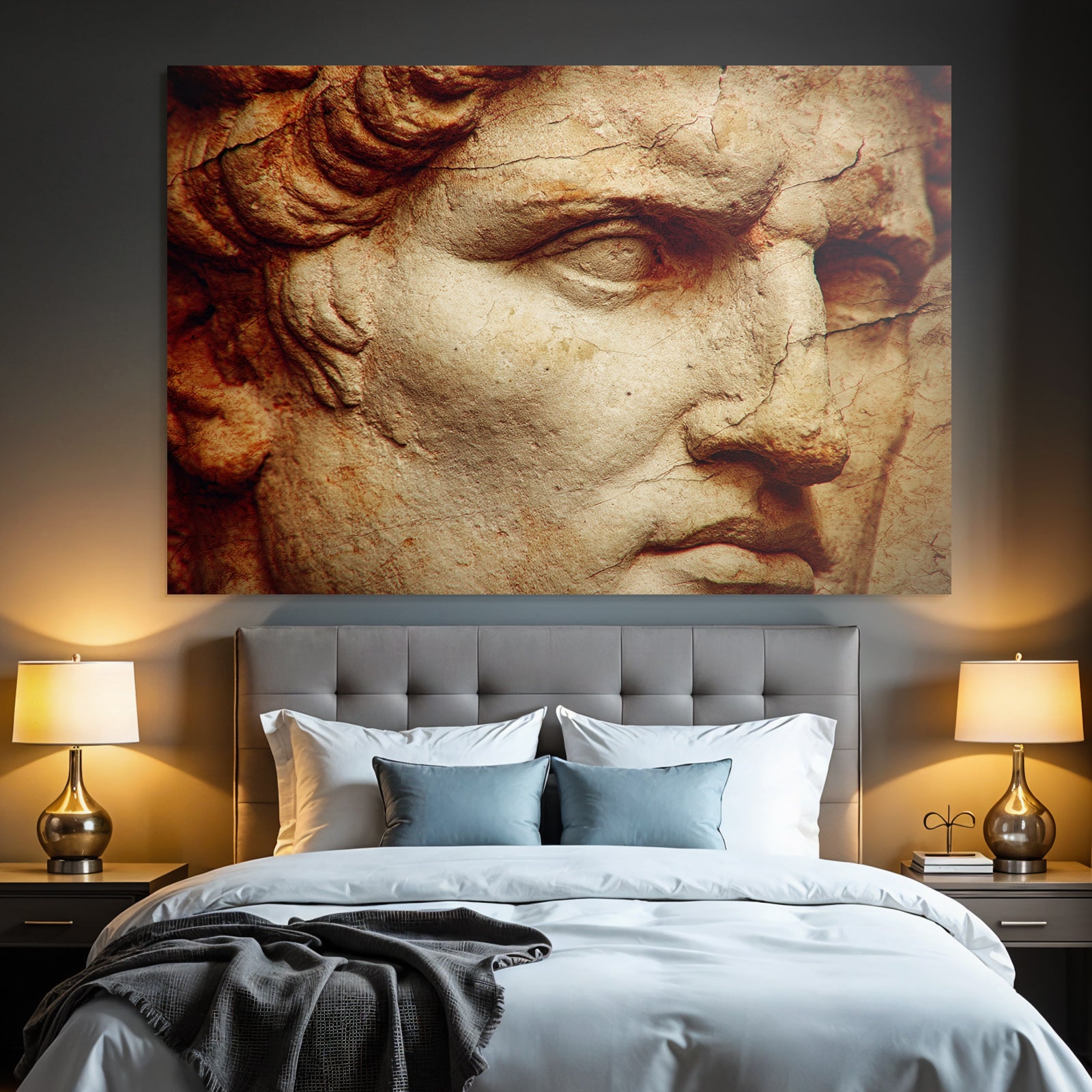 Sculpted face made of marble or stone close-up