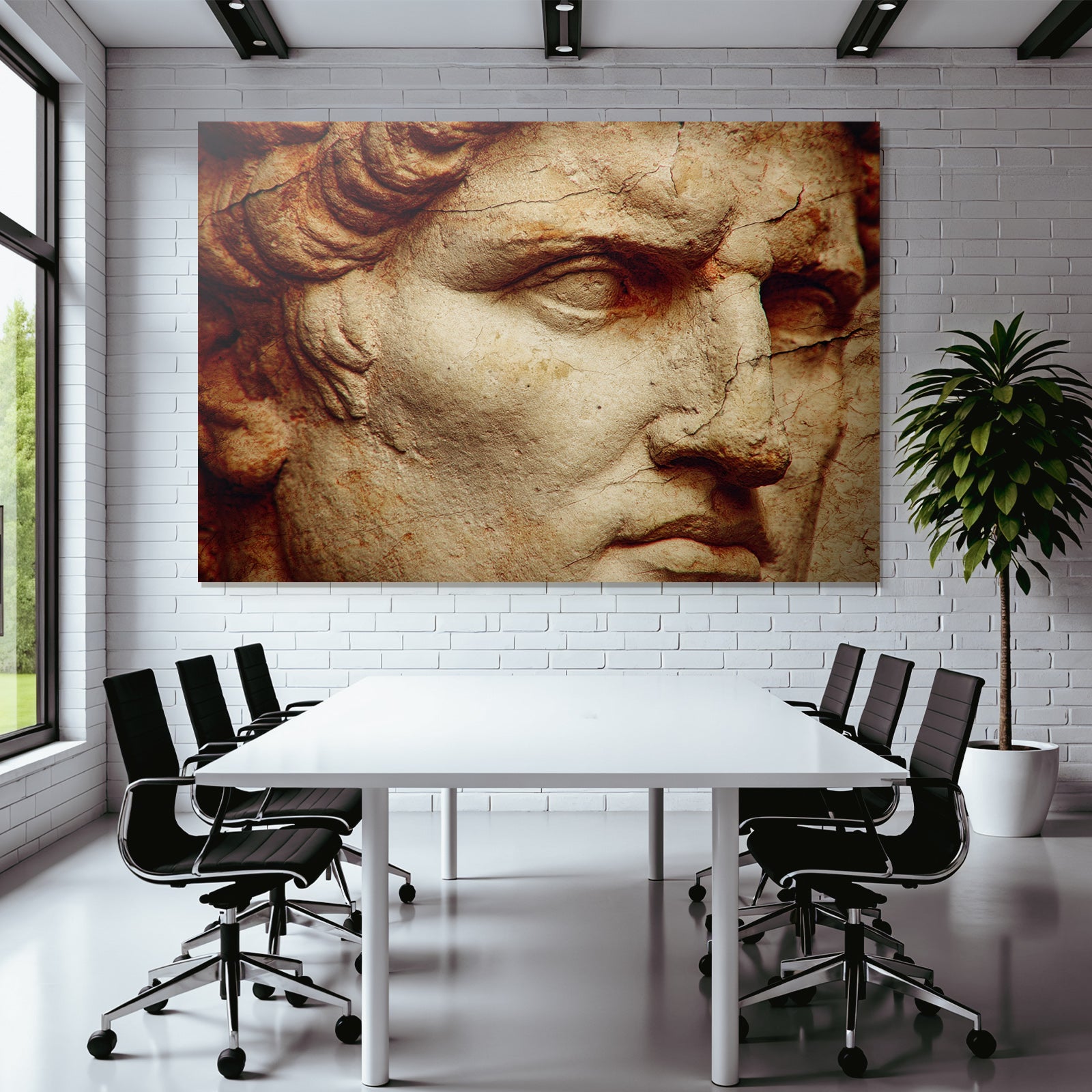Sculpted face made of marble or stone close-up