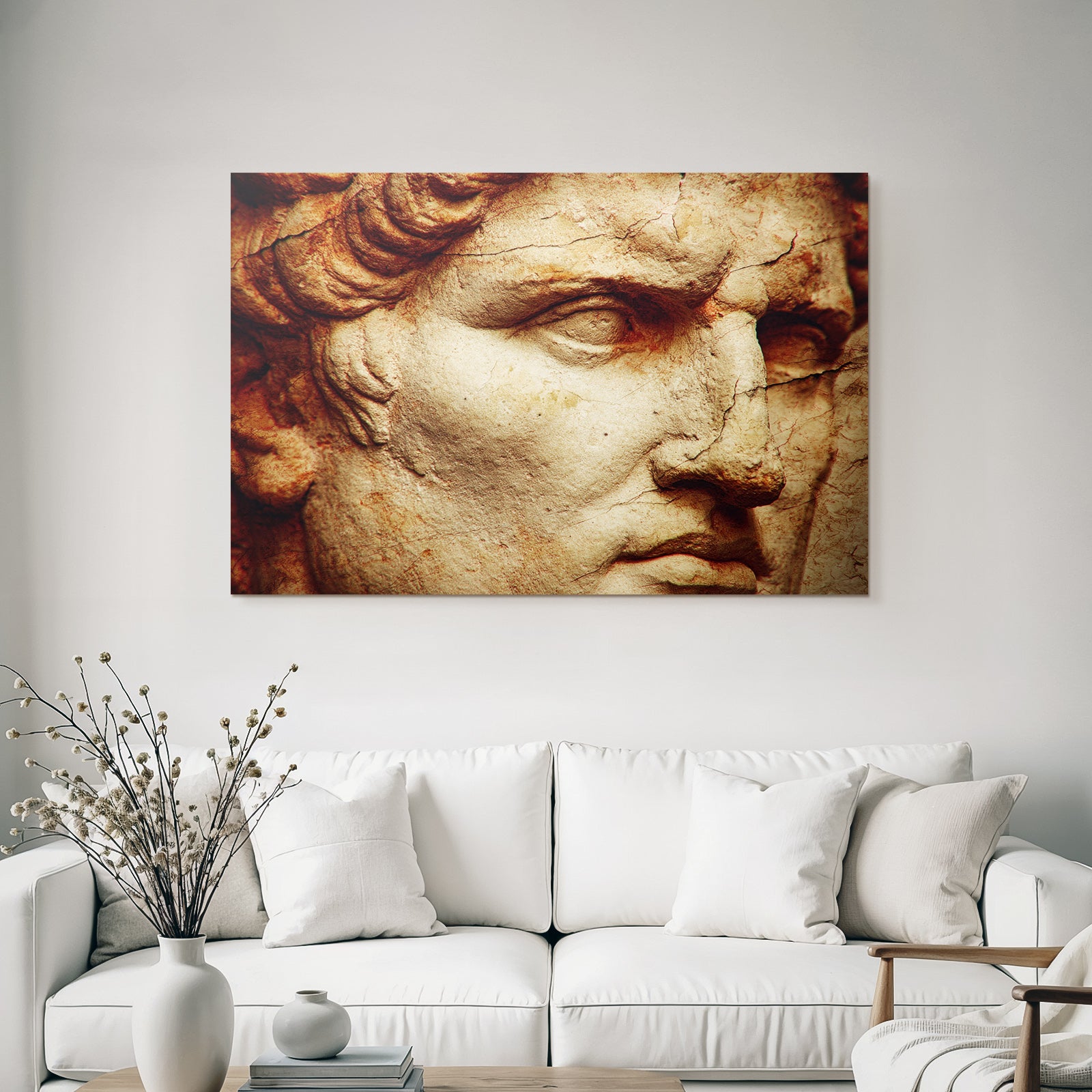 Sculpted face made of marble or stone close-up