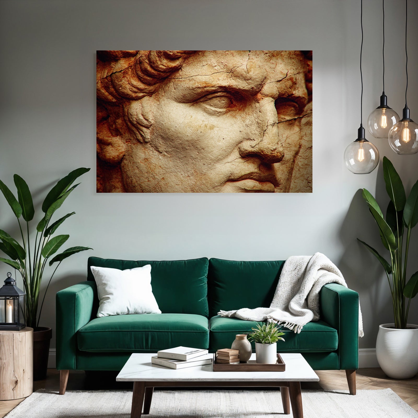 Sculpted face made of marble or stone close-up