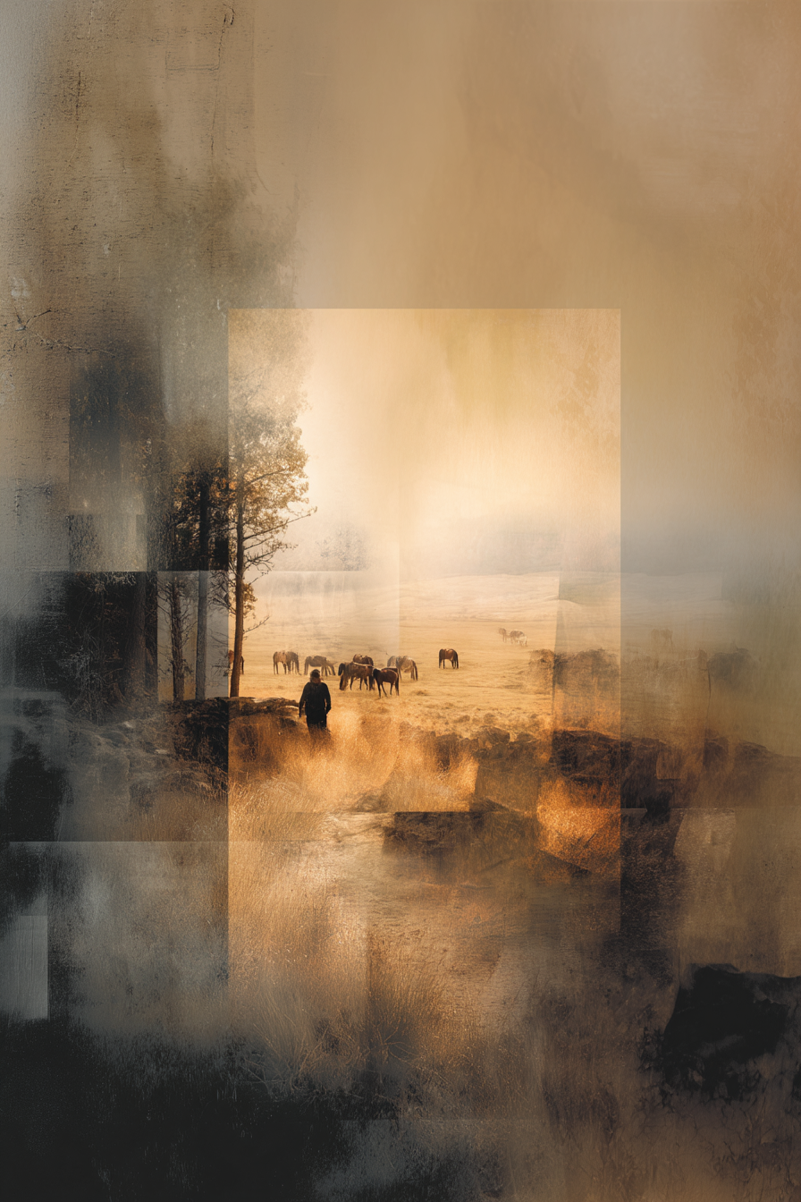 Serene Landschaft Mit Pferden Und Figur In Warmen Toenen | Orientalisch | Einrichtungsstile