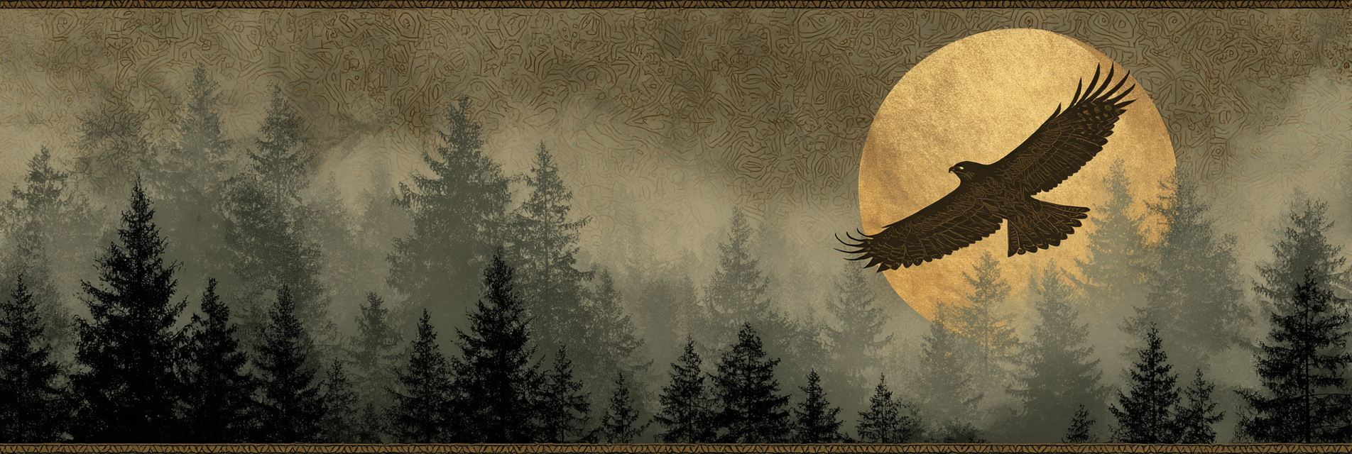 Silhouette Eines Falken Ueber Einem Dichten Wald Im Sonnenuntergang Mit Goldenem Mond | Orientalisch | Einrichtungsstile