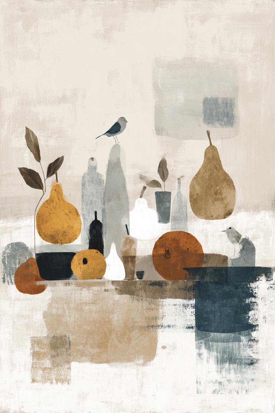 Skandenavisch Abstrakte Darstellung Von Fruechten Flaschen Und Einem Vogel | Skandinavisch | Einrichtungsstile