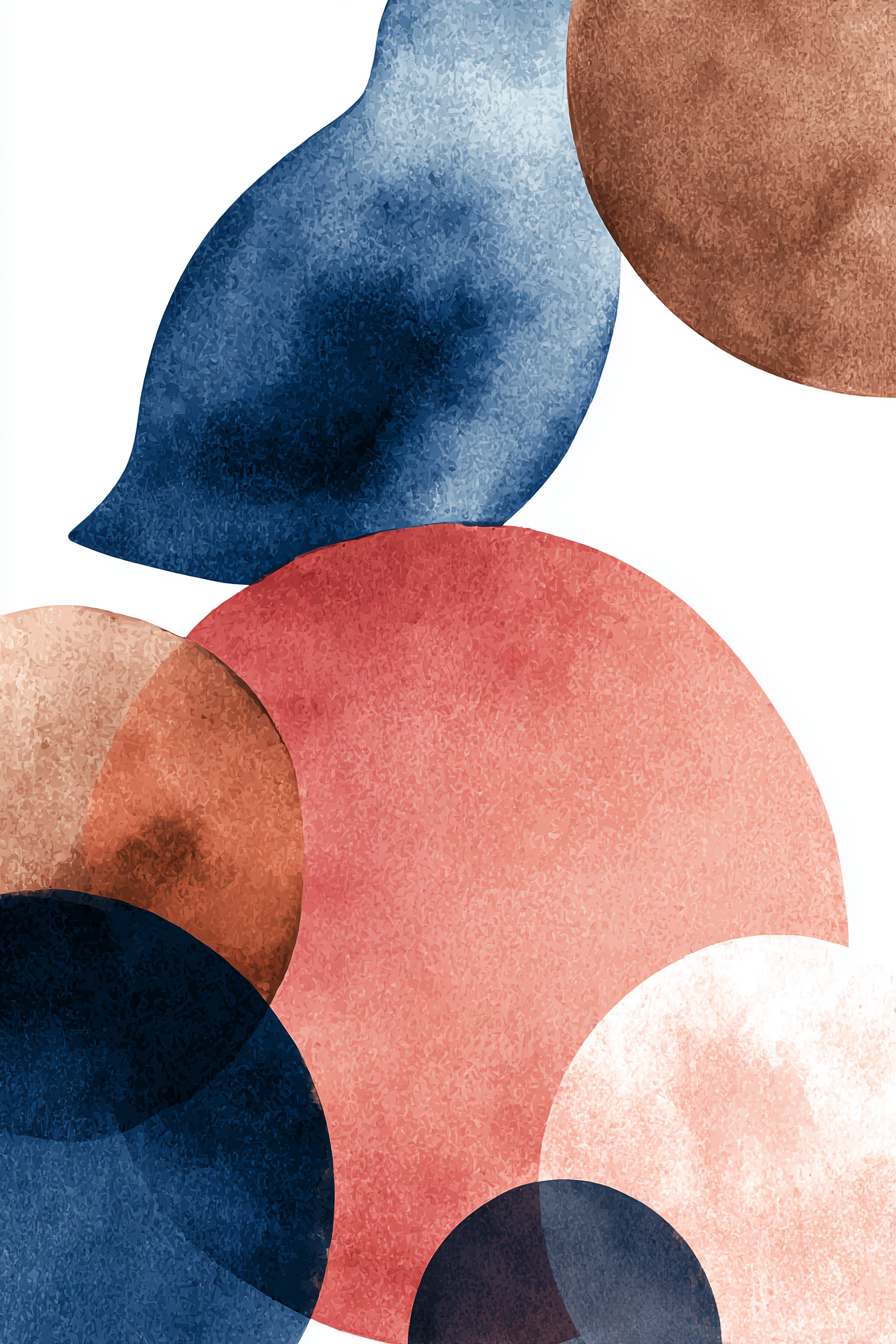 Skandenavisch Abstrakte Kunst Ueberlappende Formen Farben Blau Braun Koralle Texturiert | Skandinavisch | Einrichtungsstile
