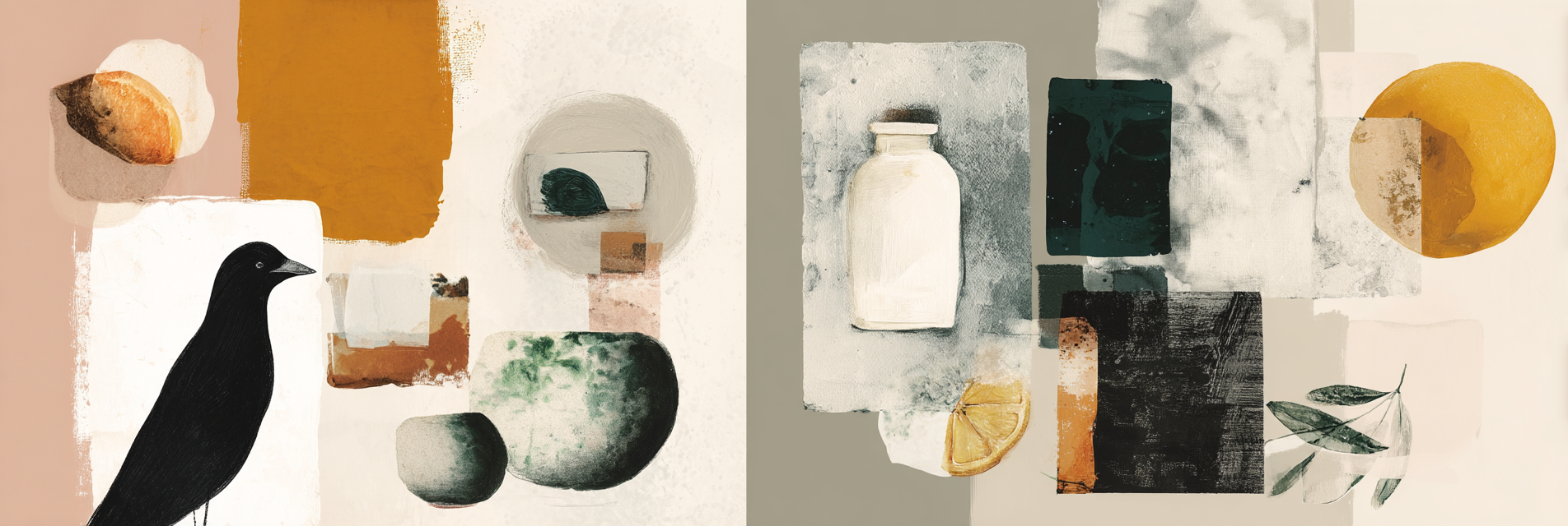 Skandenavisch Collage Kunst Schwarzkraehe Stein Pflanzen Farbenpastell | Skandinavisch | Einrichtungsstile