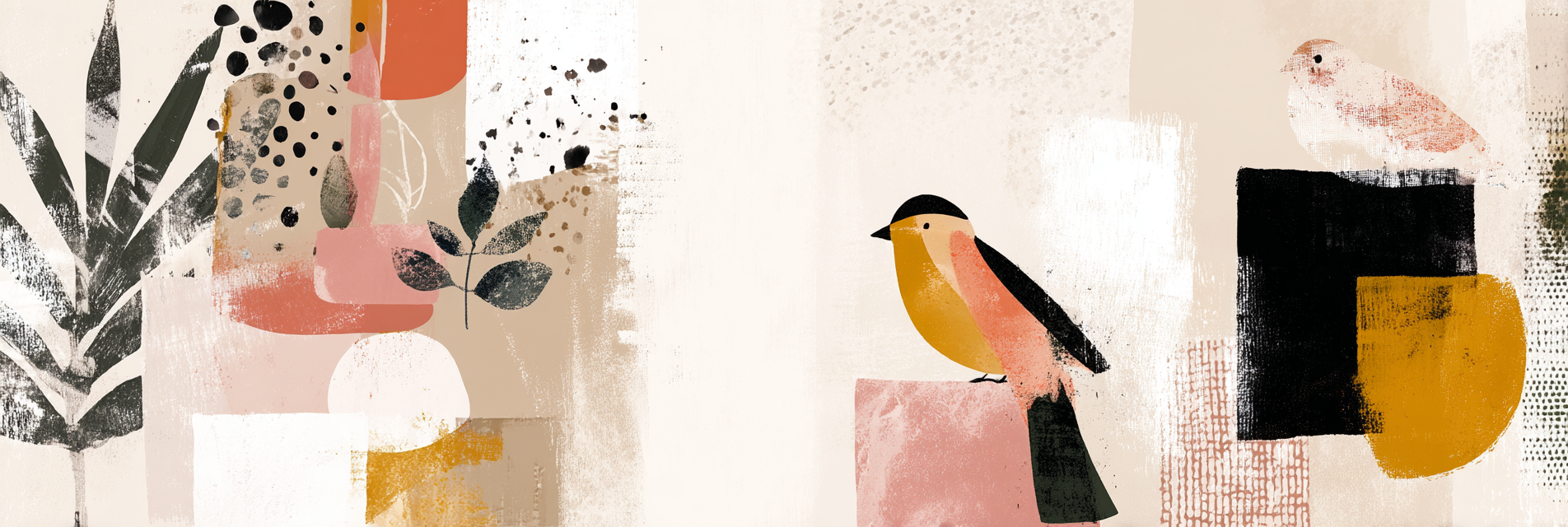 Skandenavisch Collagestil Illustration Voegel Pflanzen Abstrakte Formen | Skandinavisch | Einrichtungsstile