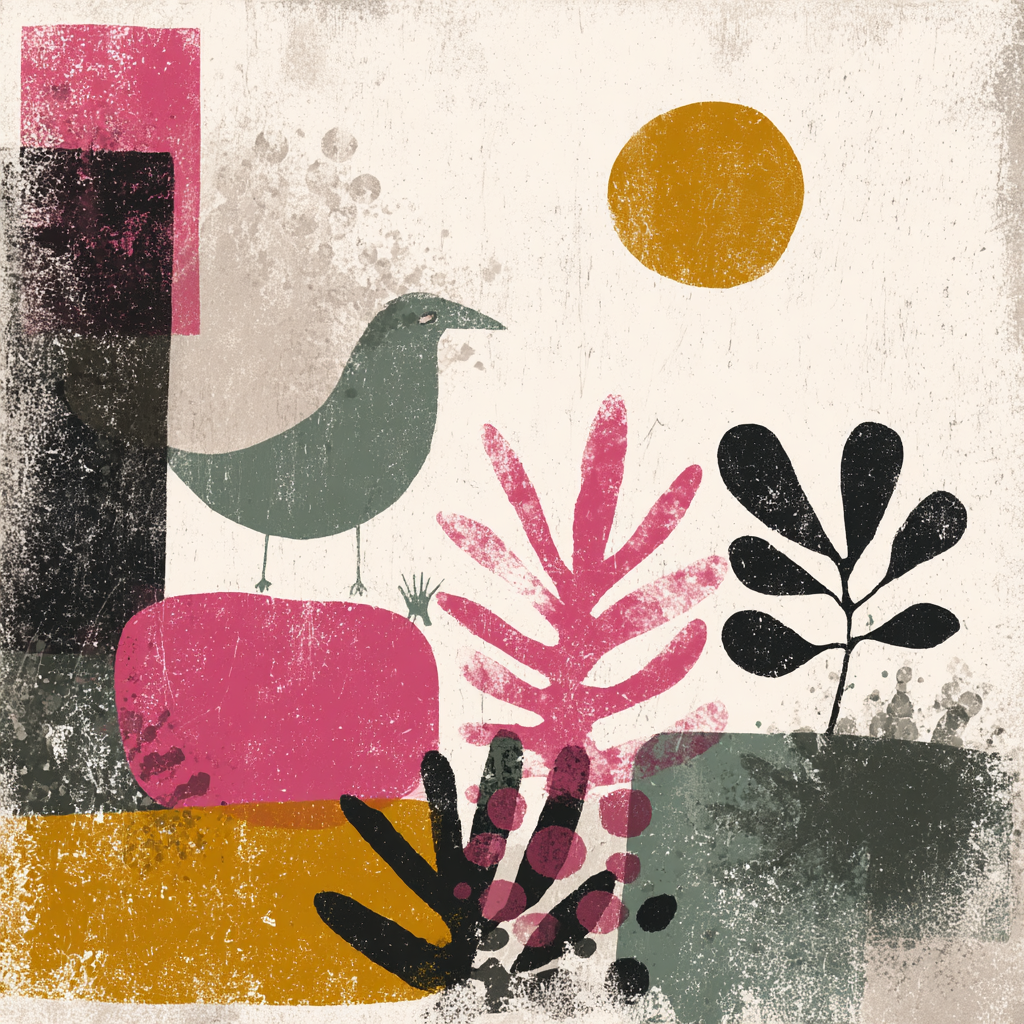 Skandenavisch Abstraktes Vogel Kunst Werk Mit Pflanzen Und Sonnensymbol | Skandinavisch | Einrichtungsstile