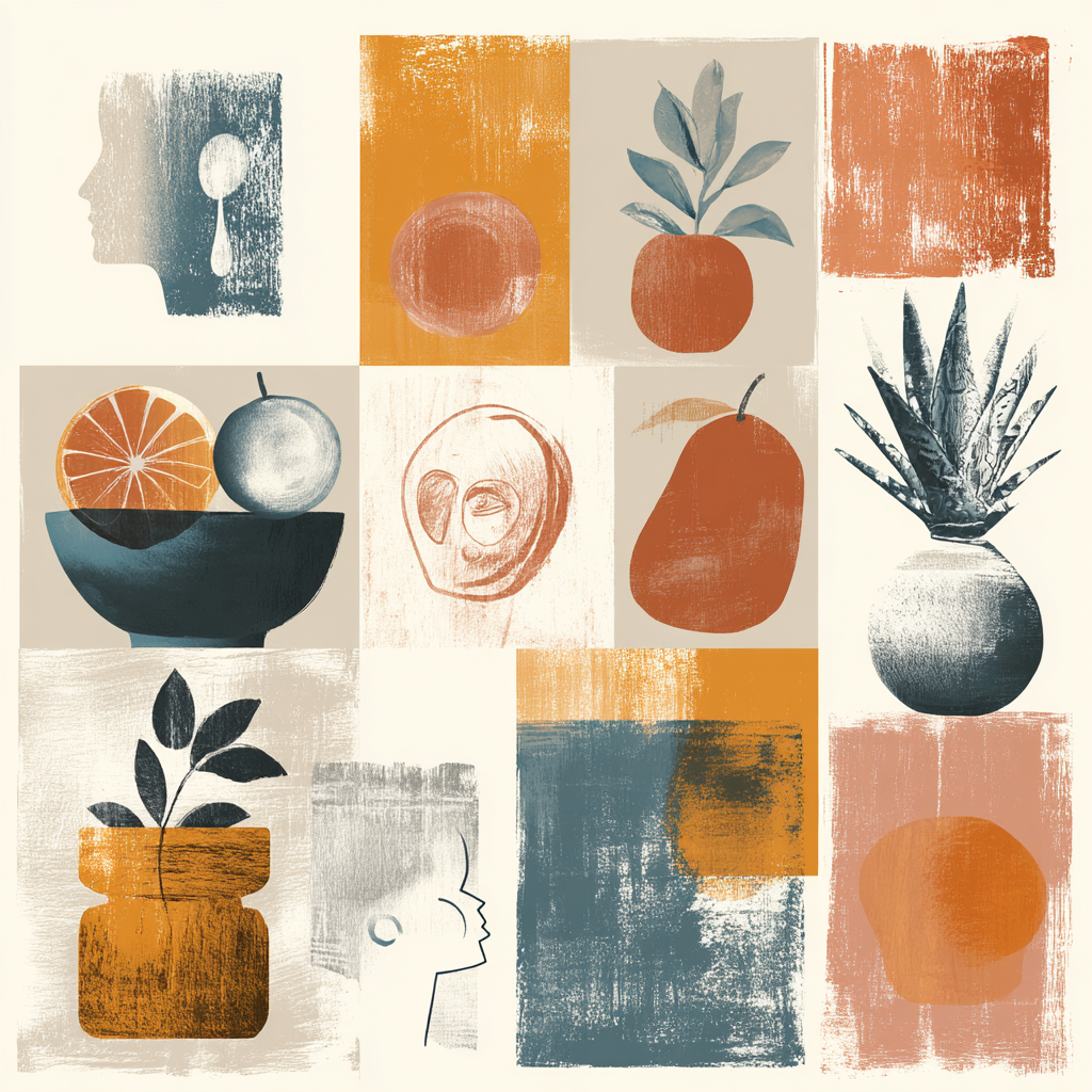 Skandenavisch Collage Illustrationen Mit Abstrakte Pflanzen Und Kopfen | Skandinavisch | Einrichtungsstile