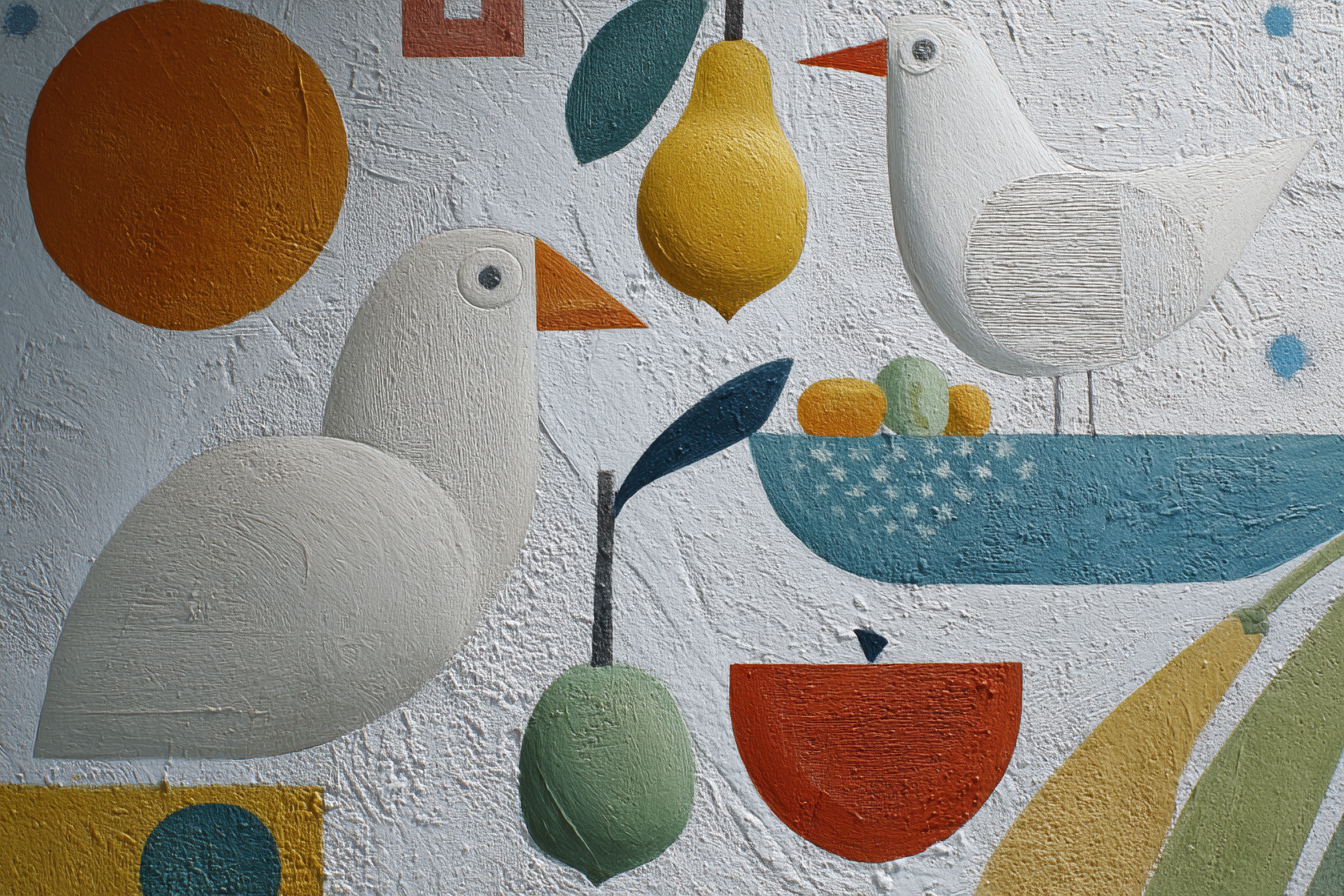Skandenavisch Farbenfrohes Mural Mit Voegeln Fruechten Und Abstrakten Formen | Skandinavisch | Einrichtungsstile