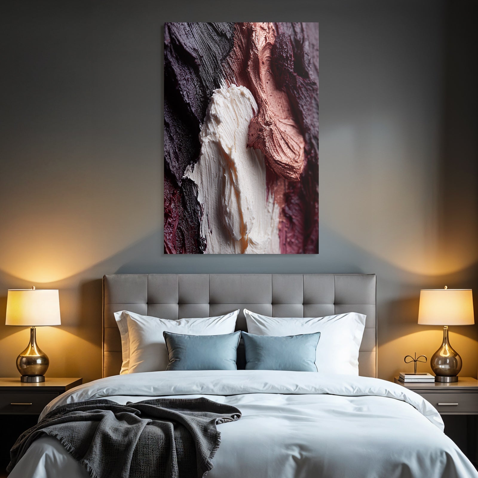 Textured painting surface in abstract art with purple and metallic white