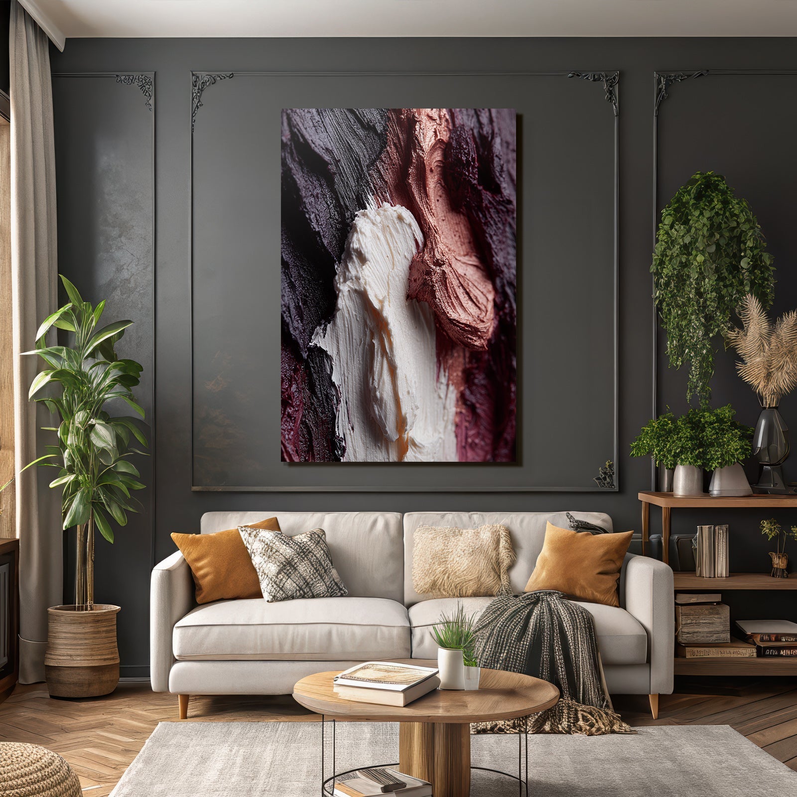 Textured painting surface in abstract art with purple and metallic white