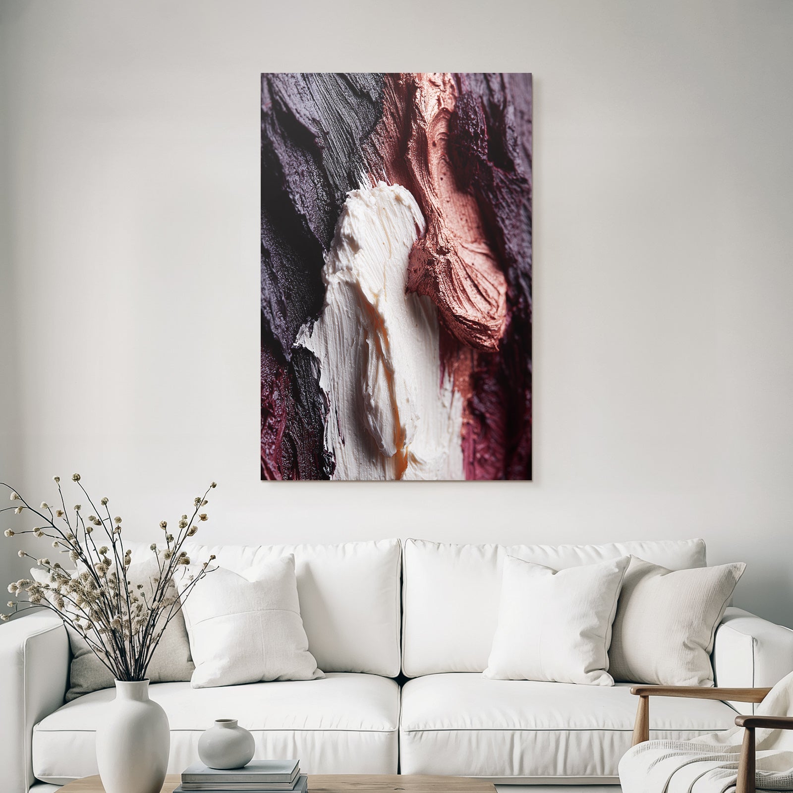 Textured painting surface in abstract art with purple and metallic white