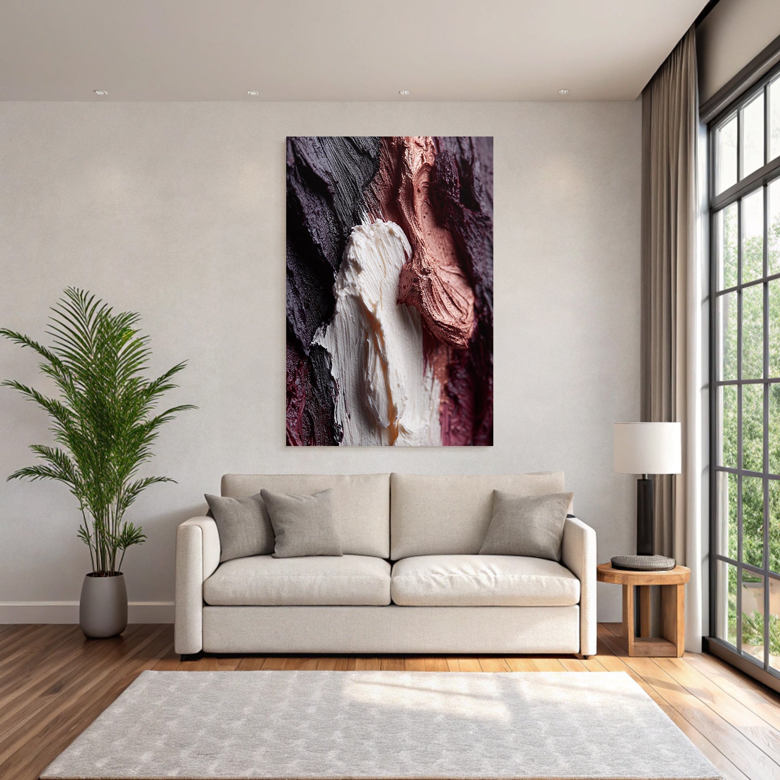 Textured painting surface in abstract art with purple and metallic white