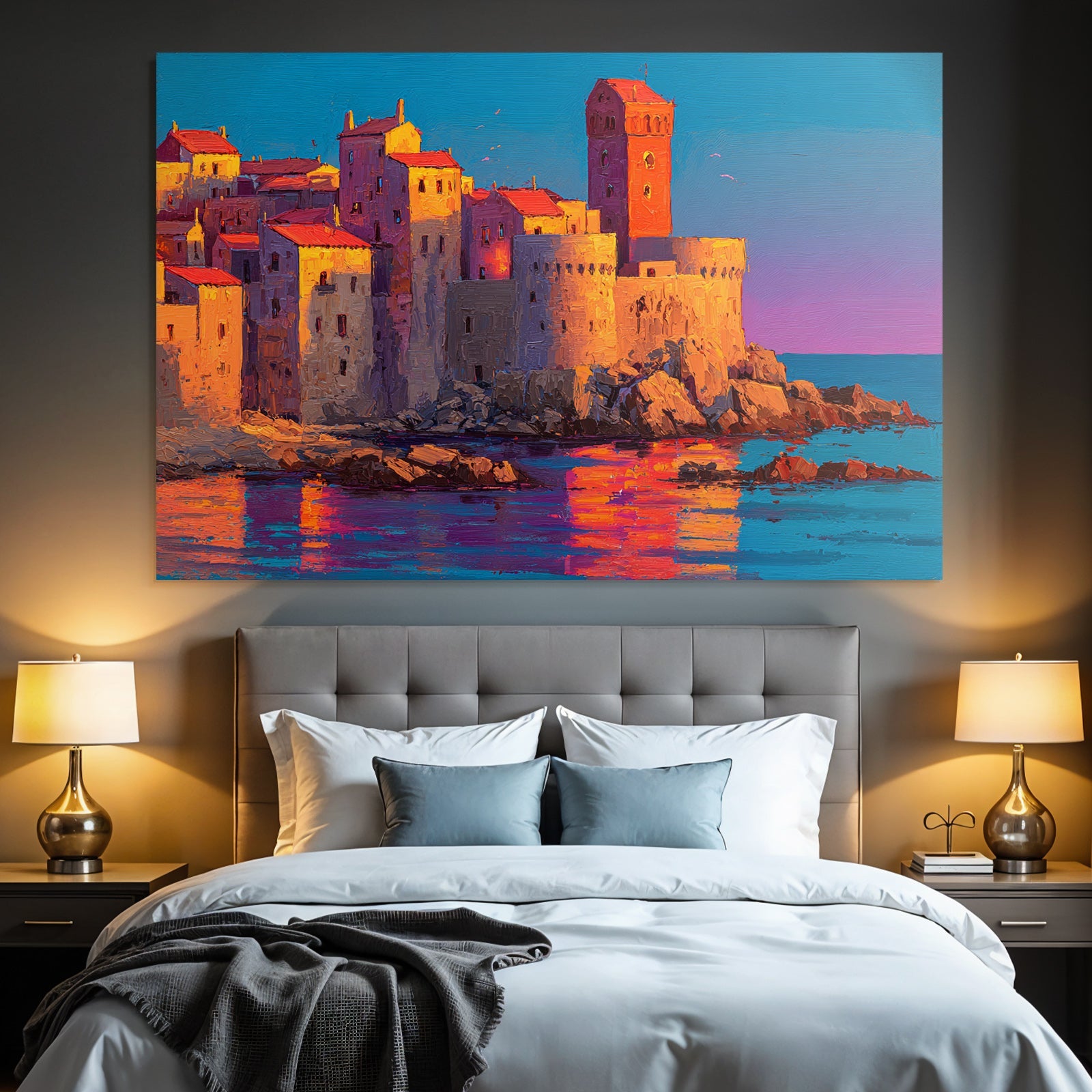 Picturesque coastal landscape with colorful buildings, towers and rocky coast