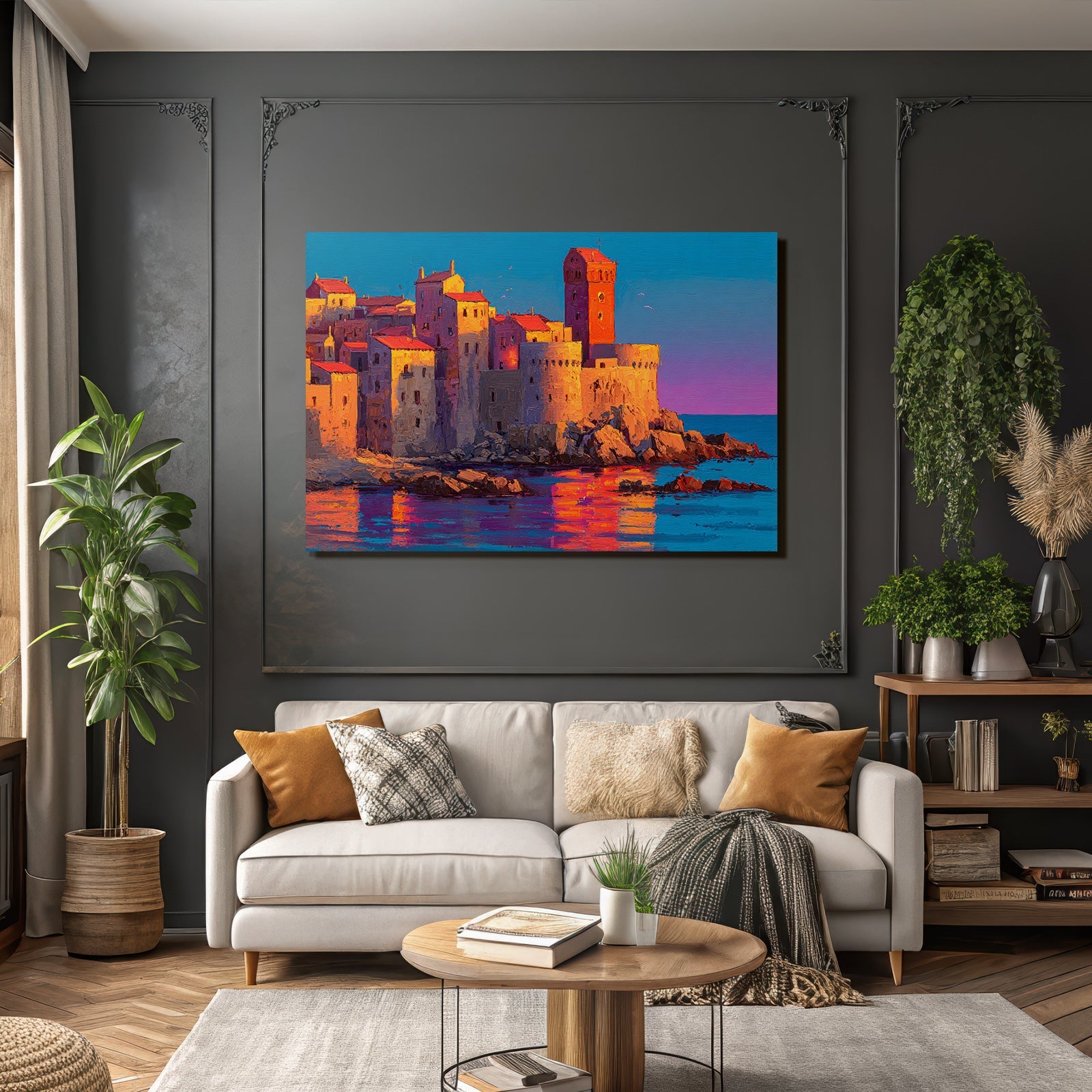 Picturesque coastal landscape with colorful buildings, towers and rocky coast