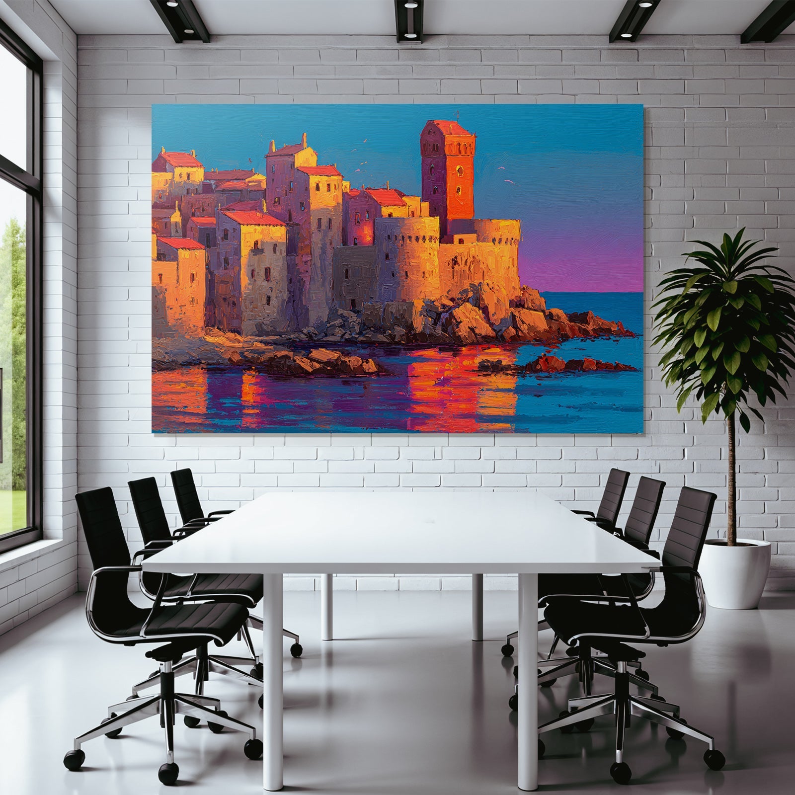 Picturesque coastal landscape with colorful buildings, towers and rocky coast