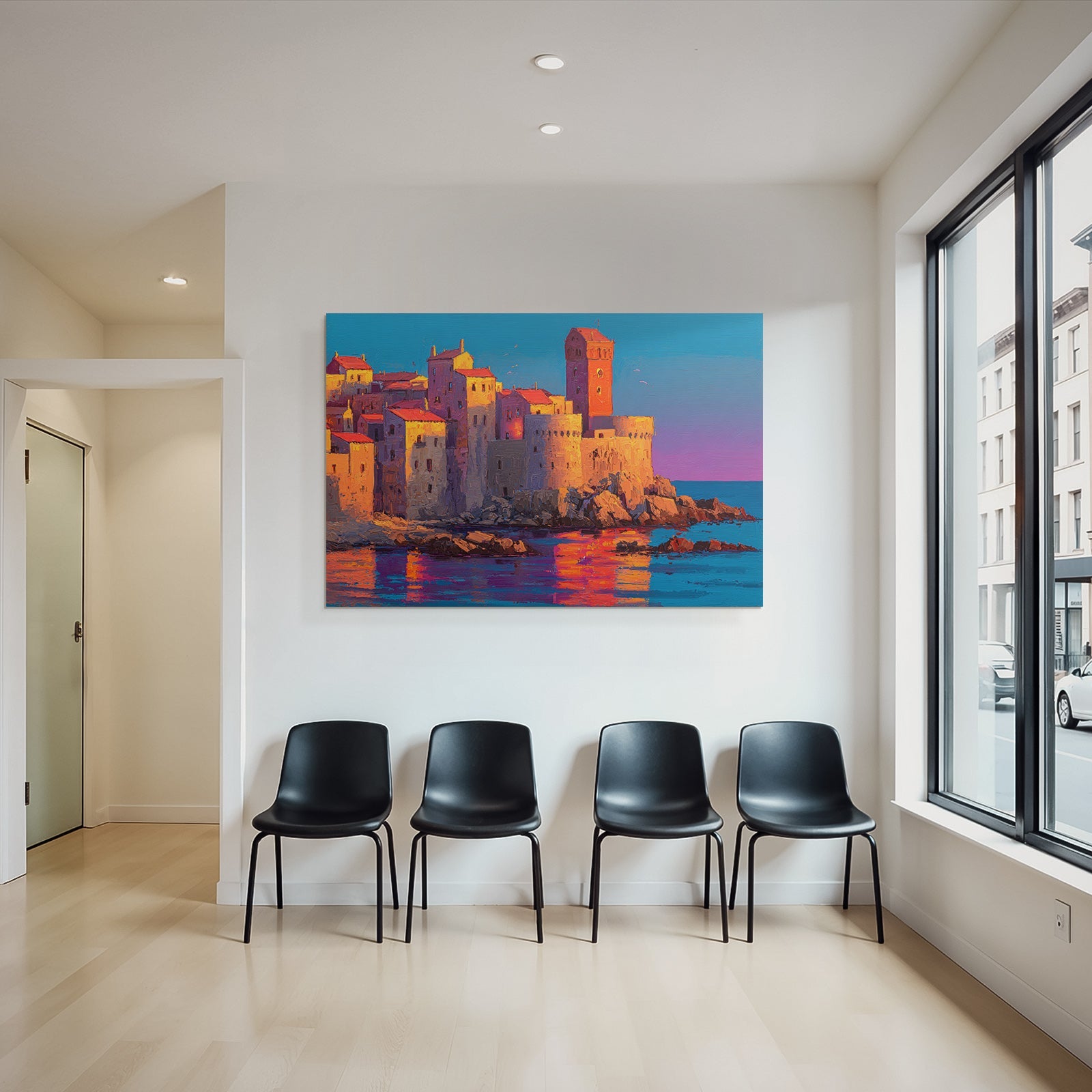 Picturesque coastal landscape with colorful buildings, towers and rocky coast