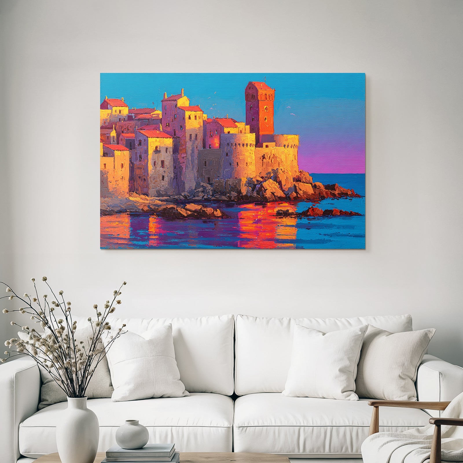 Picturesque coastal landscape with colorful buildings, towers and rocky coast