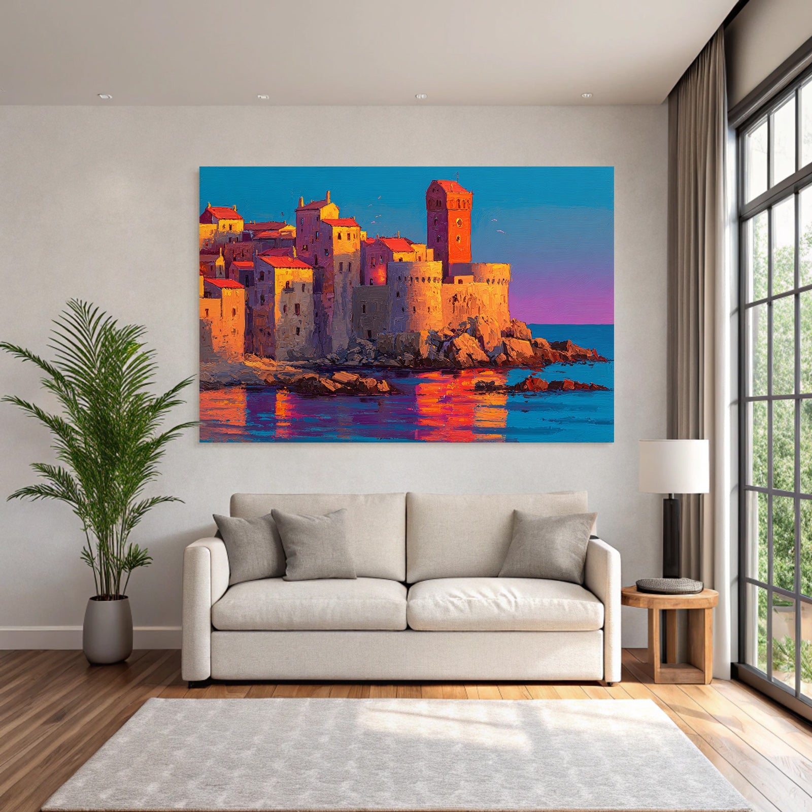 Picturesque coastal landscape with colorful buildings, towers and rocky coast