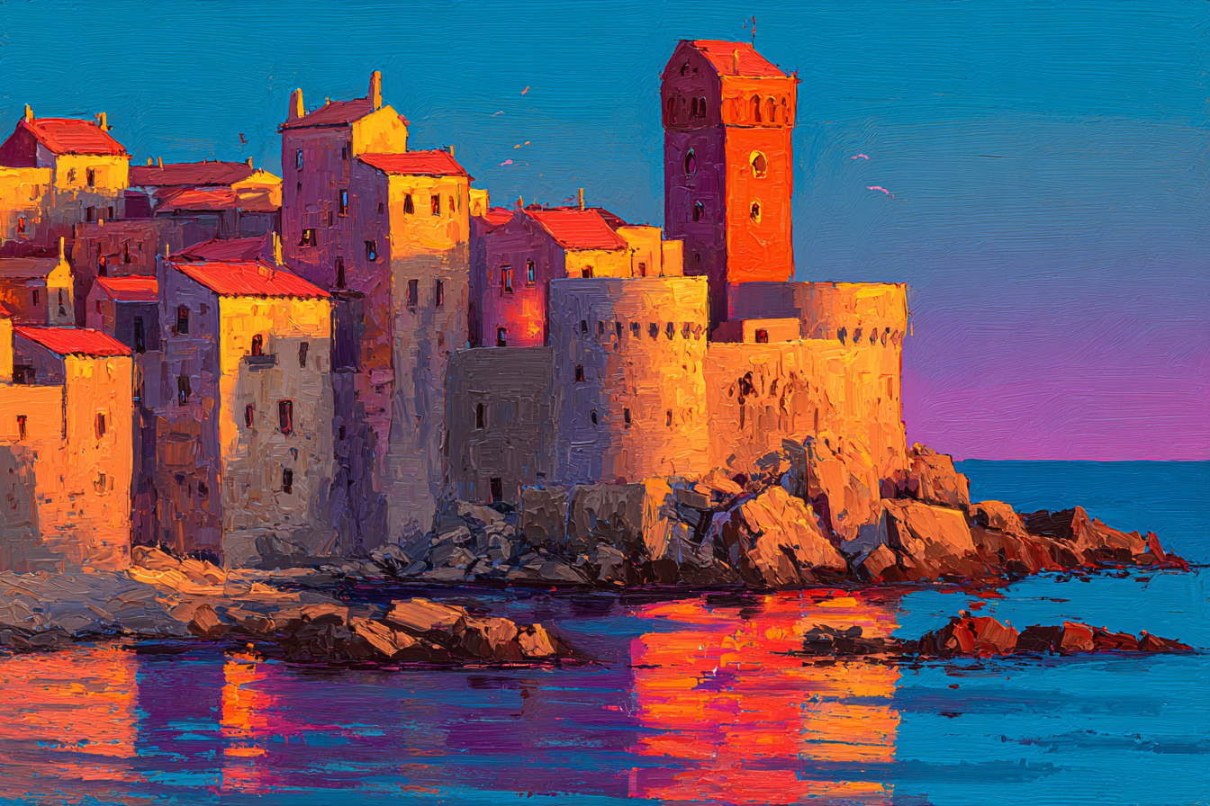 Malerische Küstenlandschaft Bunte Gebaude Turm Und Felsenküste | Bronze Anthrazit Terrakotta | Farbenwelten