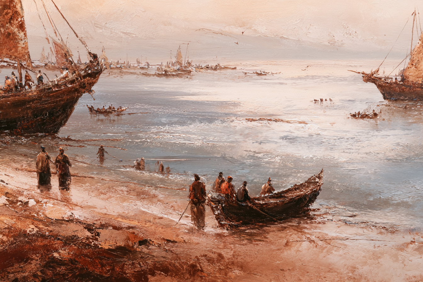 Seestück Fischer Boote Beruhigende Szene Sonnenaufgang Sonnenuntergang | Bronze Anthrazit Terrakotta | Farbenwelten