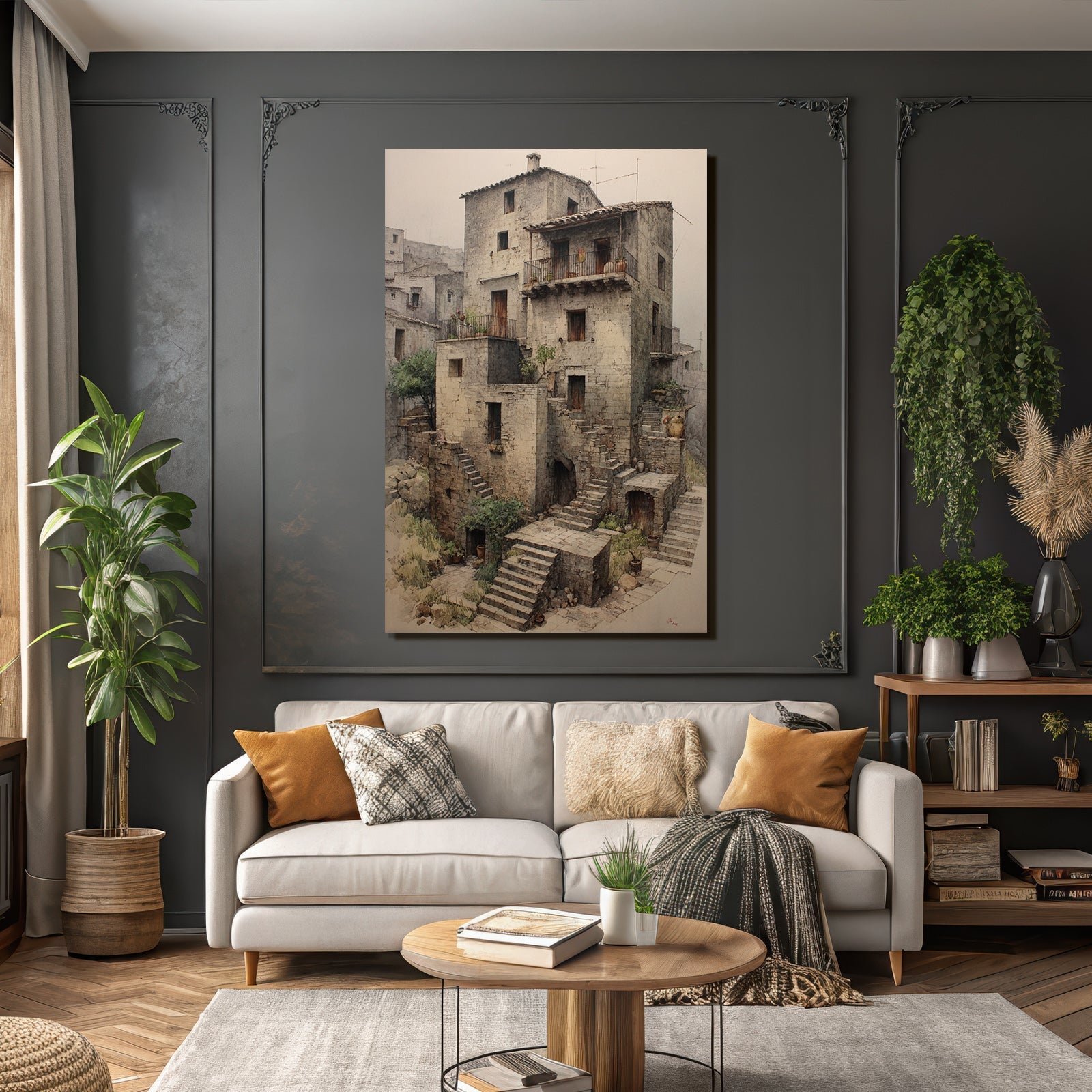 Stone building village scene Mediterranean green and shady