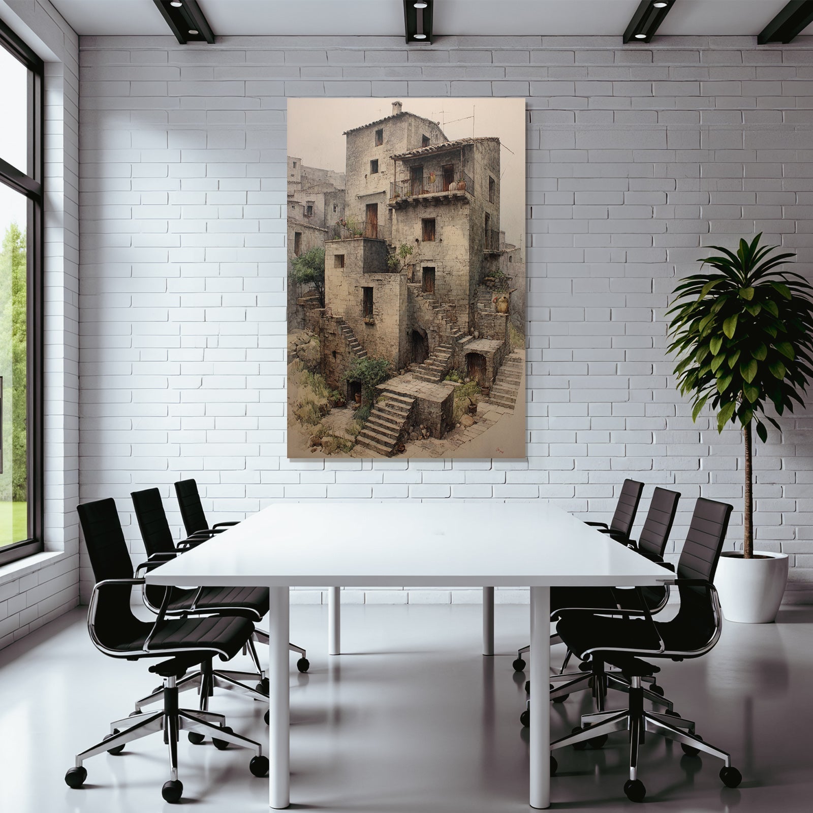 Stone building village scene Mediterranean green and shady
