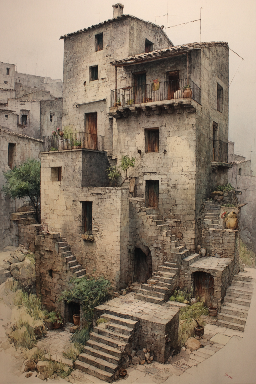 Steinbau Villageszene Mediterran Grün Und Schattig | Erdtoene und Taupe | Farbenwelten