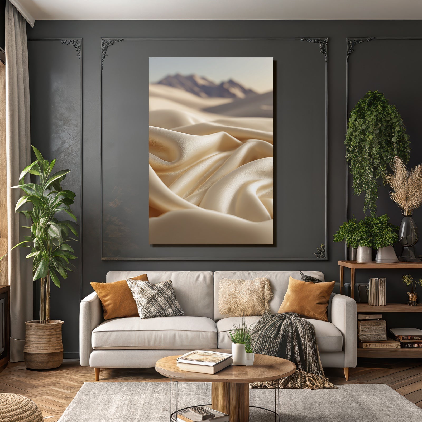 Seidenstoff Mit Fliessender Textur Und Landschaft Im Hintergrund