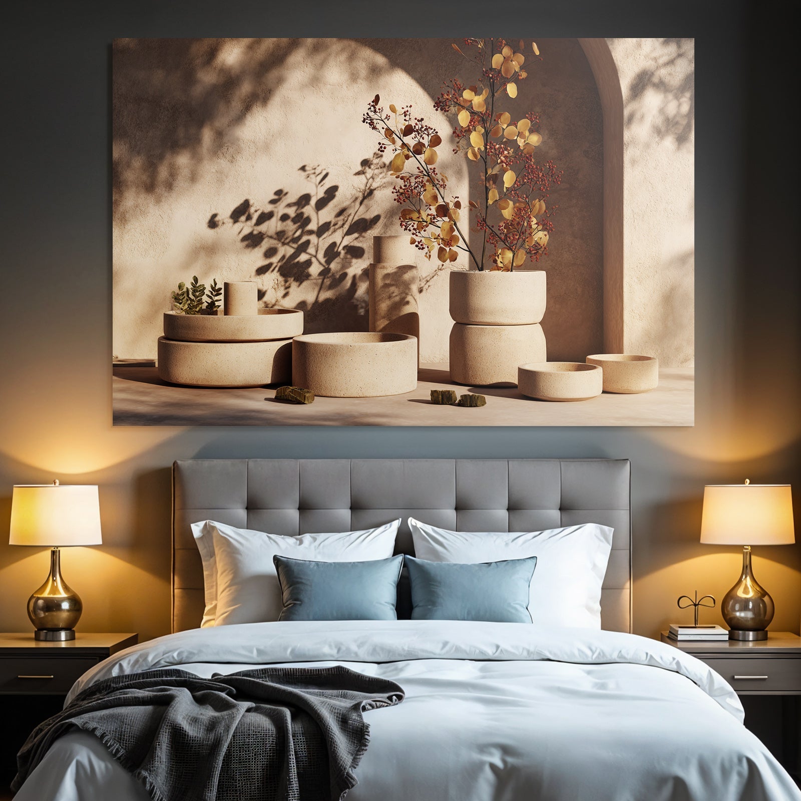 Dekorative Tonwaren Mit Dry Floral Arrangements In Erdton Palette