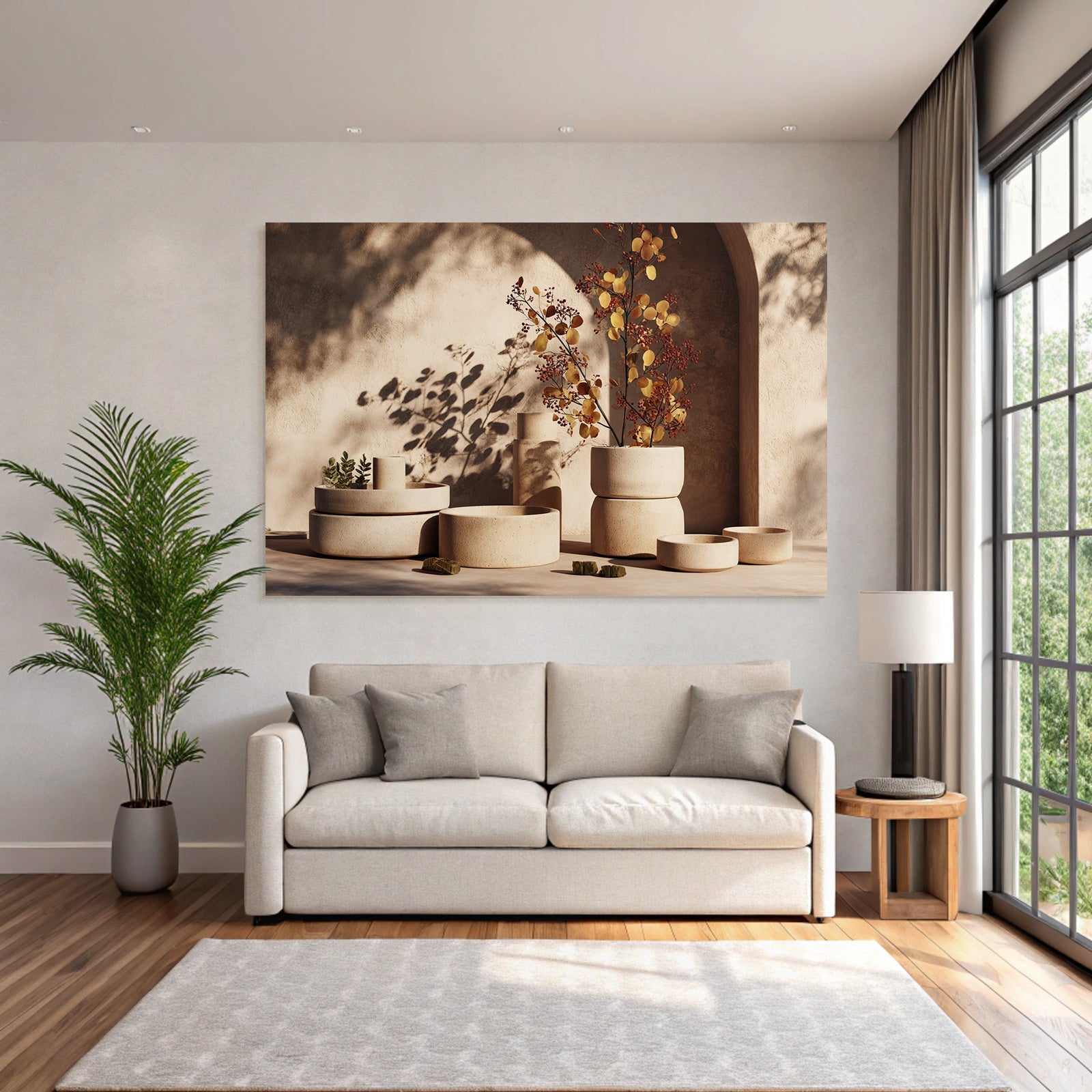 Dekorative Tonwaren Mit Dry Floral Arrangements In Erdton Palette