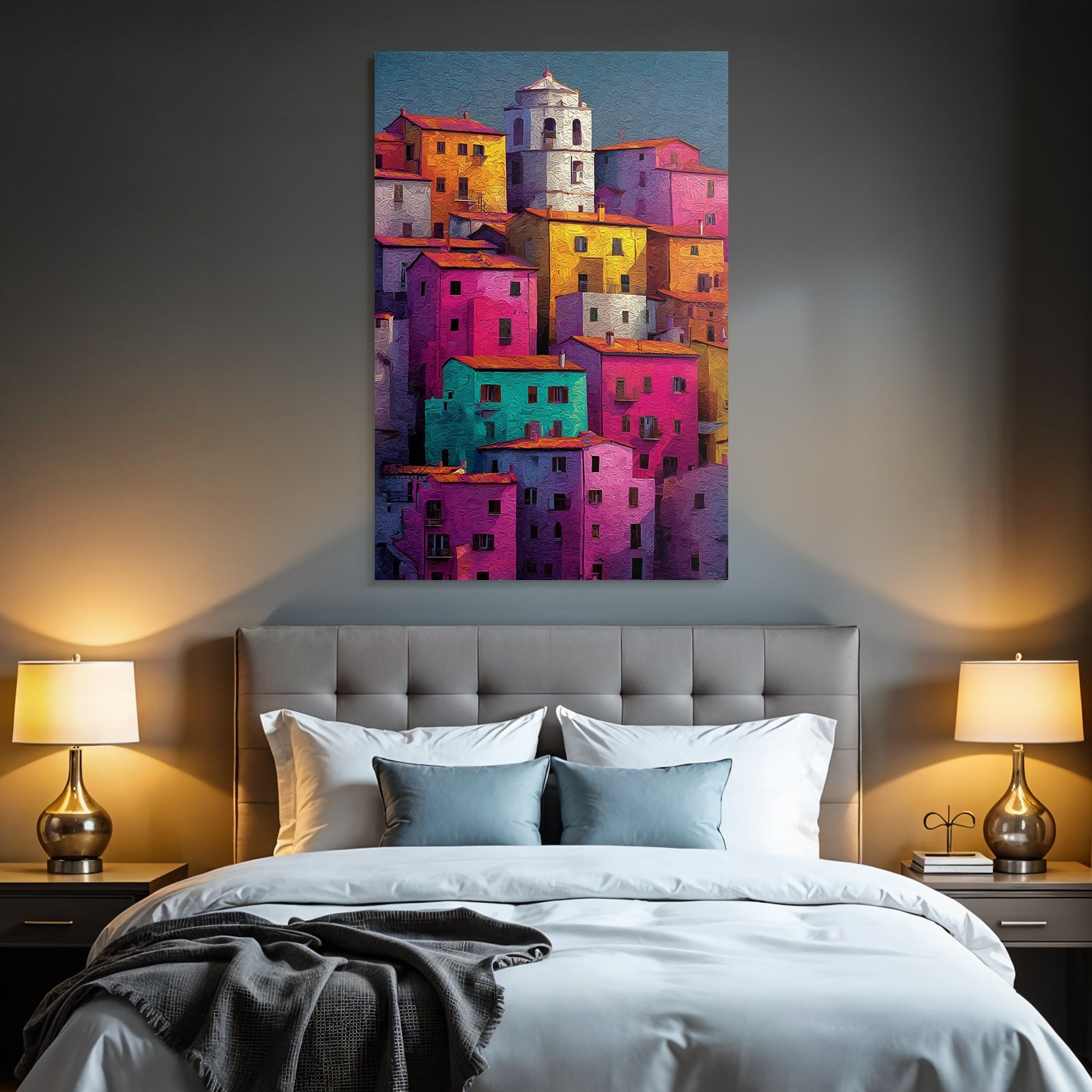 Vibrant colorful scene of buildings with textured style