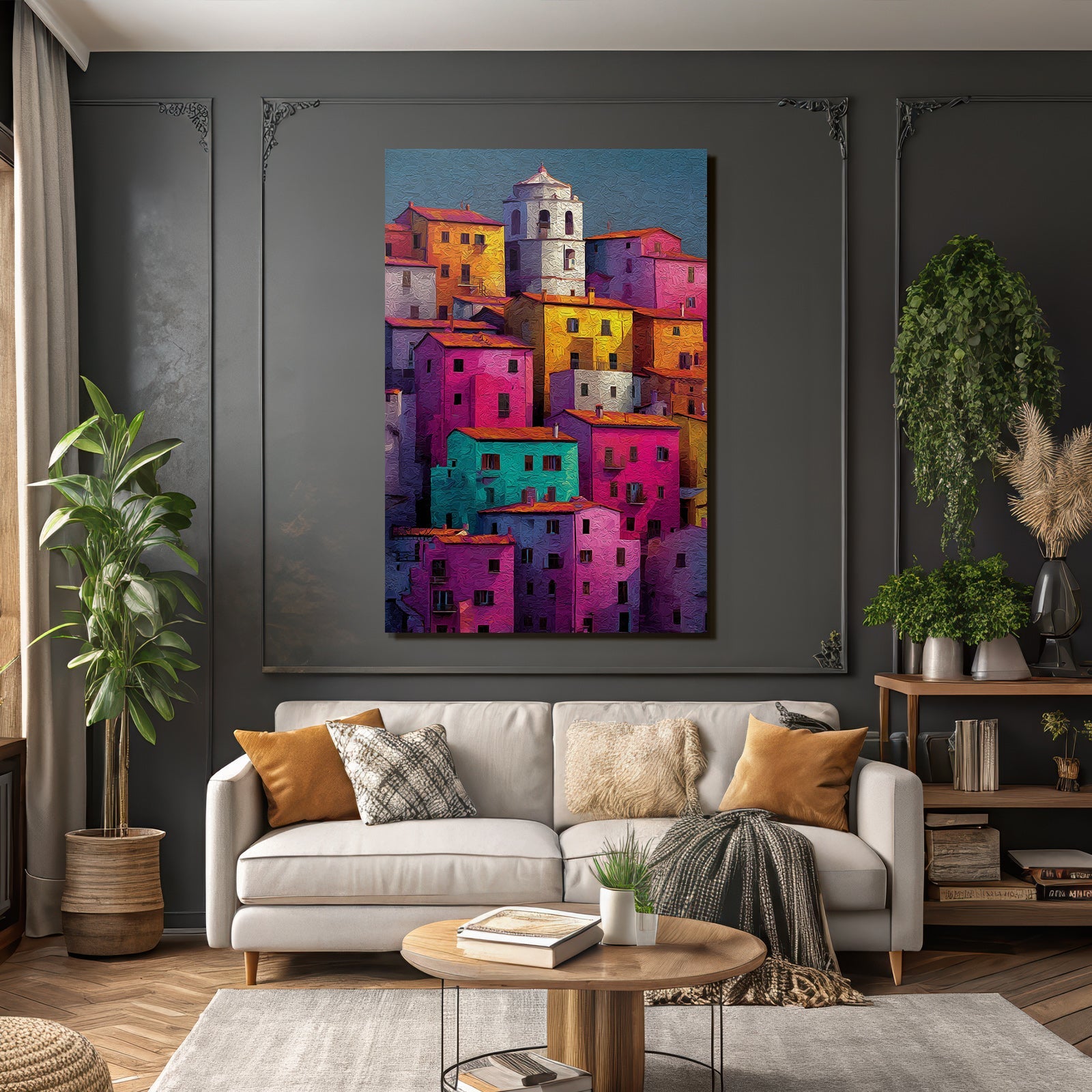 Vibrant colorful scene of buildings with textured style