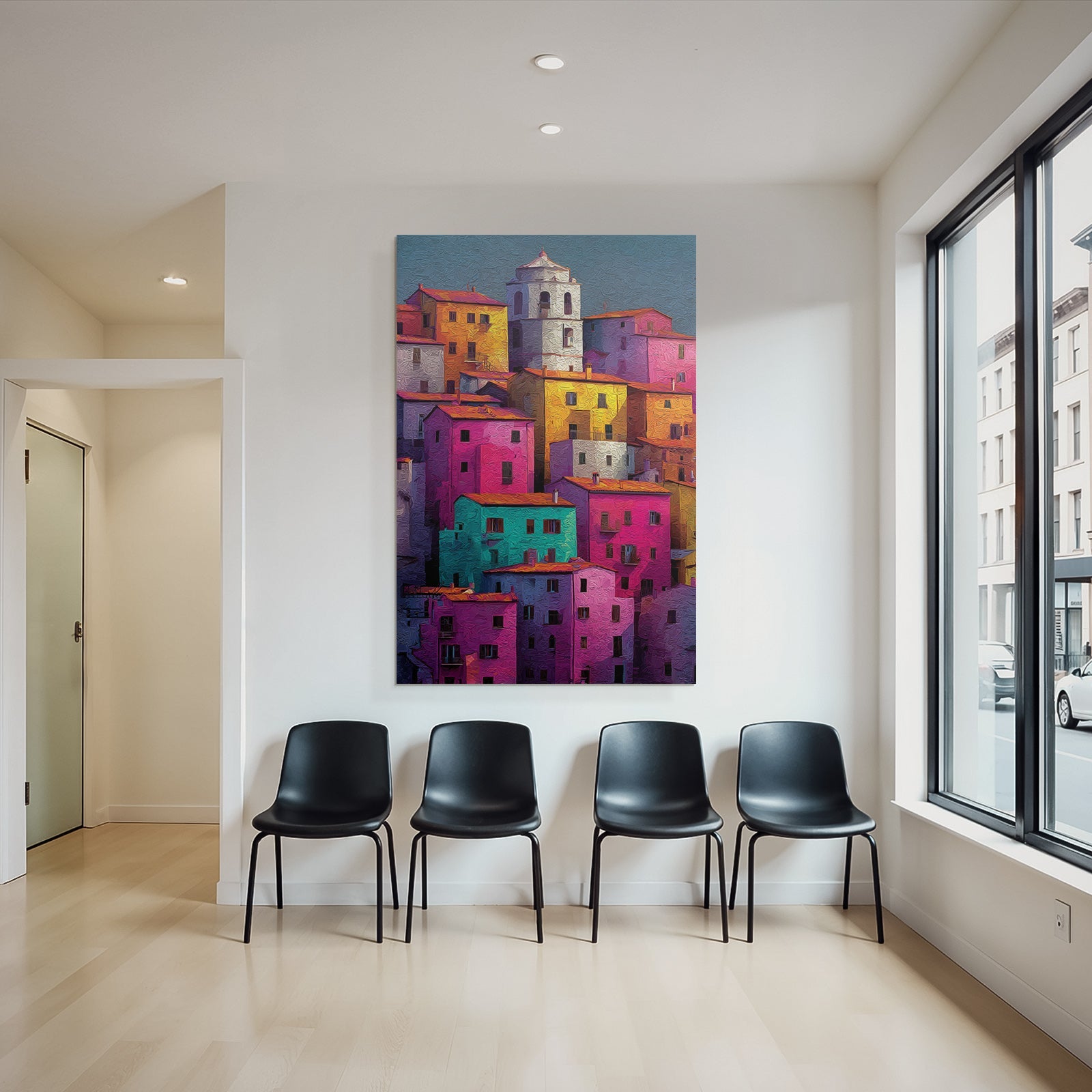 Vibrant colorful scene of buildings with textured style